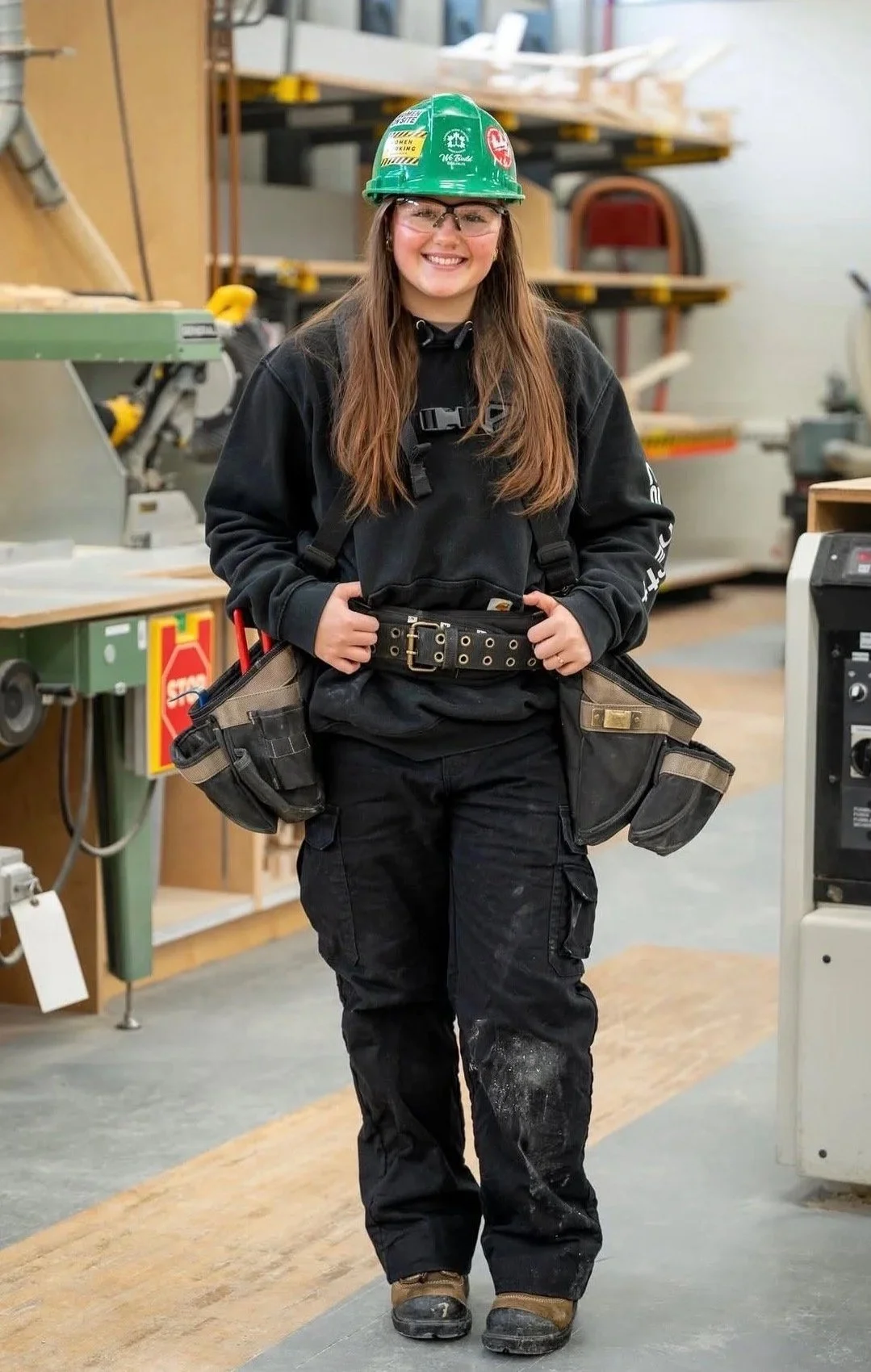 A young woman in a workshop wearing a green safety helmet, glasses, a black hoodie, cargo pants, and work boots. She is smiling and has a tool belt with pouches around her waist.