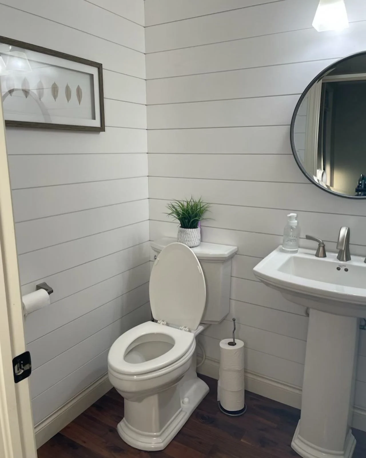 A small bathroom with white shiplap walls, a toilet with an open lid, a gray framed rectangular mirror, a small white sink with a soap dispenser, a toilet paper roll, a plant on a small cabinet, and a wall-mounted light fixture.