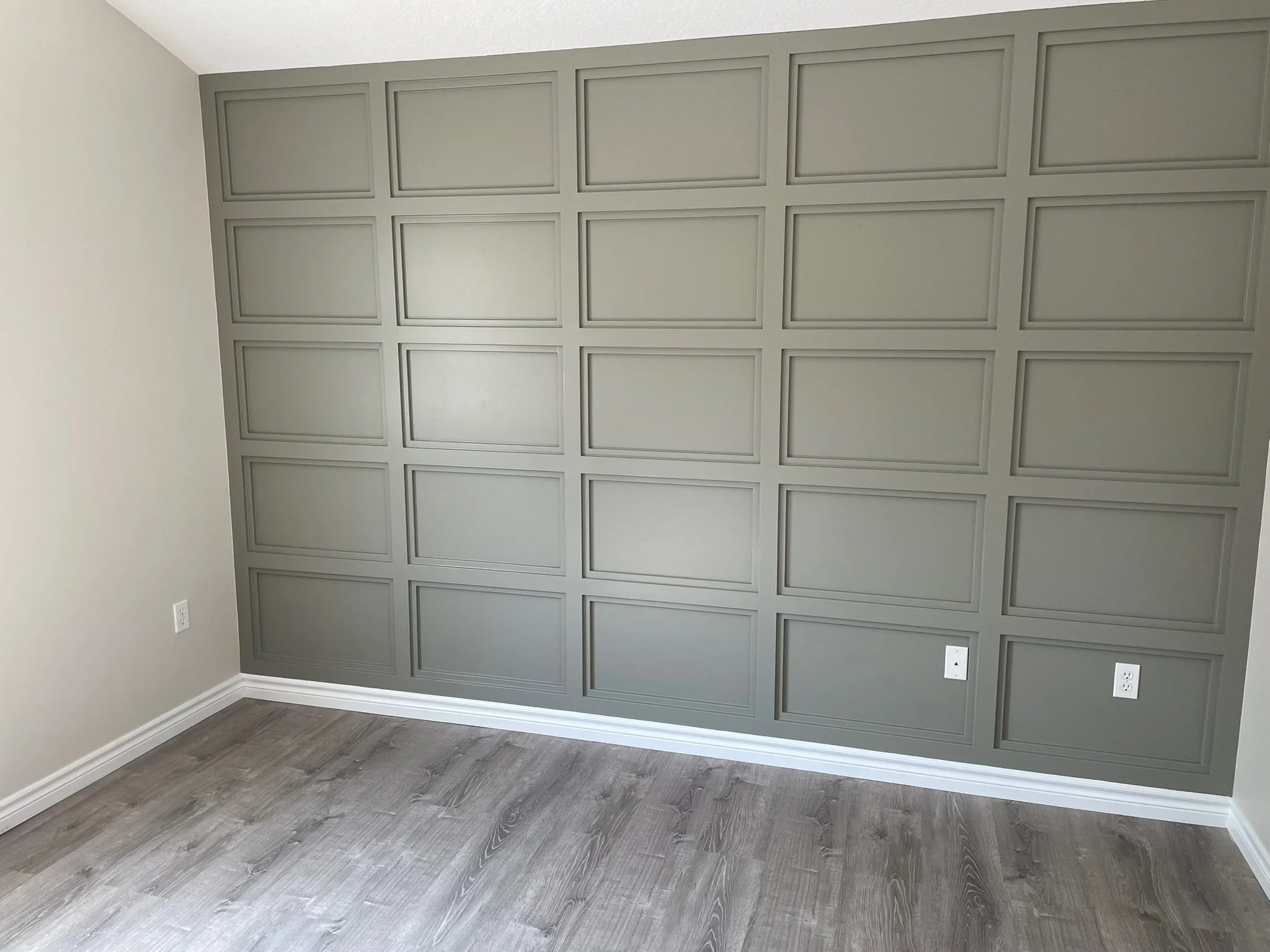 Empty room with a gray-painted wall featuring decorative paneling, white toilet and electrical outlets. Wood-like flooring.
