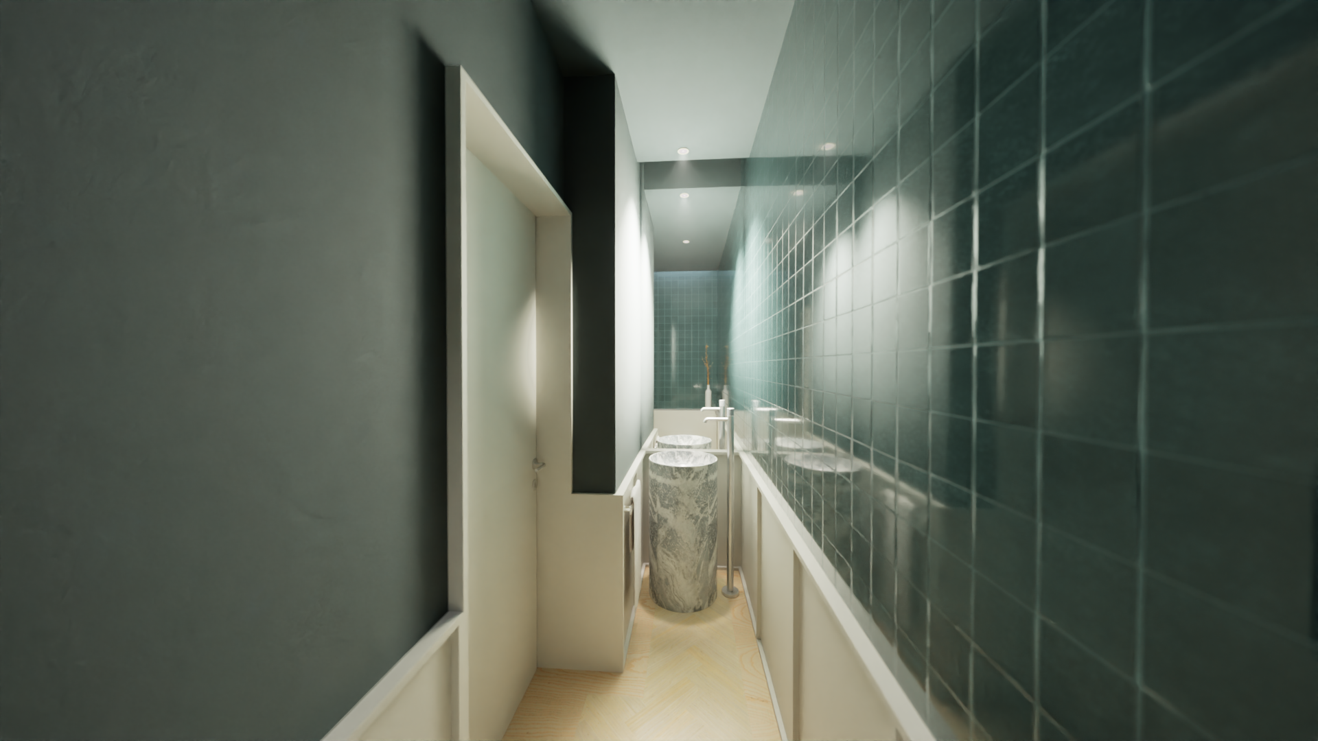 Banheiro de design moderno com parede de azulejos verdes, duas pias com cuba de mármore, iluminação embutida no teto e piso de madeira clara.