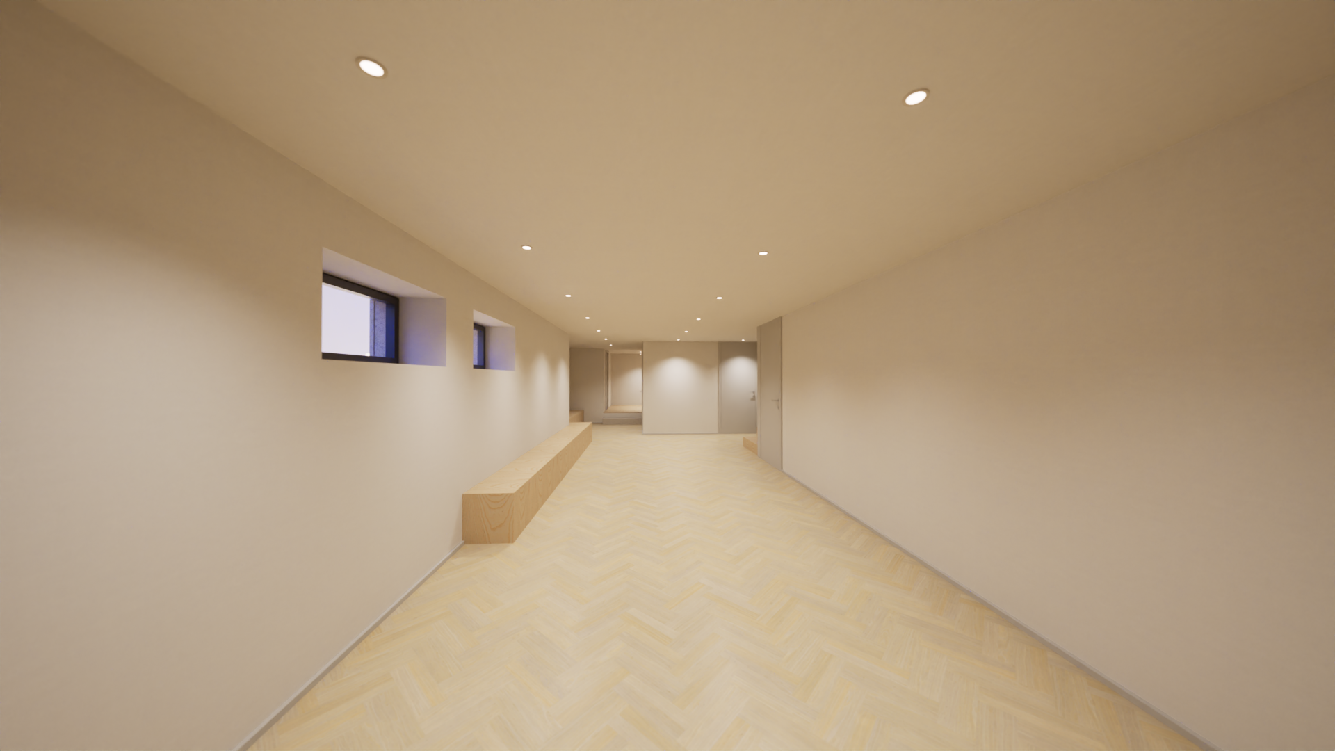 Imagem de um corredor interno com paredes brancas, piso de madeira clara em padrão de chopi, teto com luzes embutidas e janelas pequenas na parede à esquerda.