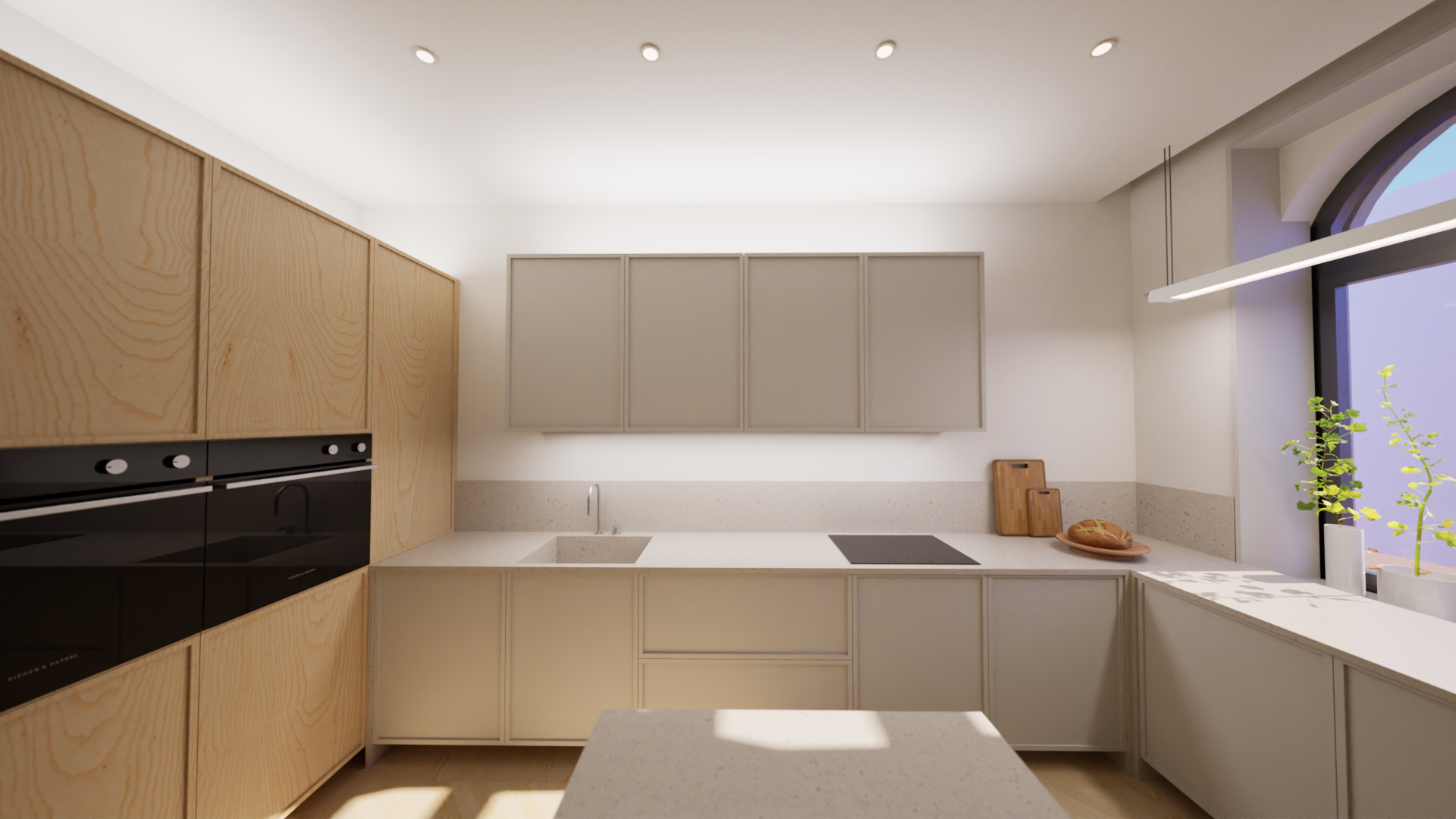 Cozinha moderna com armários de madeira clara, bancada de pedra lisa, iluminação embutida, janela grande com plantas ao lado, e eletrodomésticos embutidos na parede.