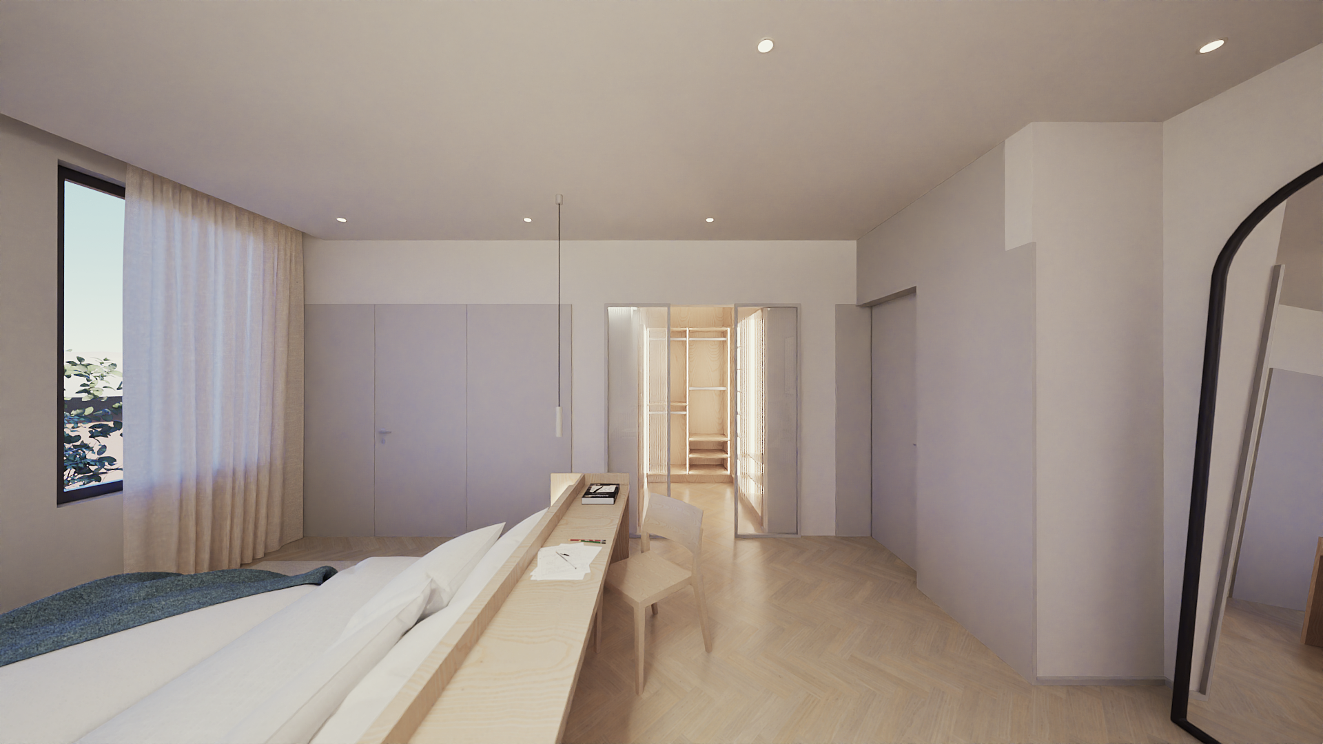 Quarto com janela, cortinas brancas, cama com roupa branca, mesa com cadeiras de madeira, espelho de corpo inteiro, piso de madeira clara e paredes brancas.