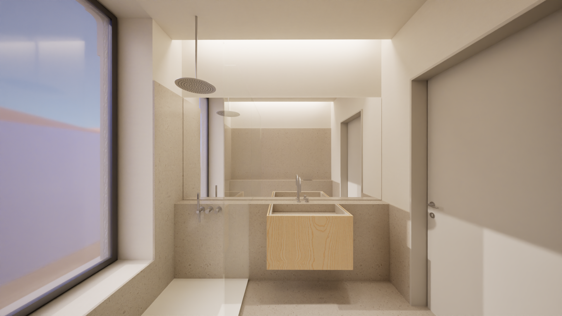 Banheiro moderno com paredes claras, iluminação embutida, espelho grande, pia de lavabo de concreto e janela ao lado