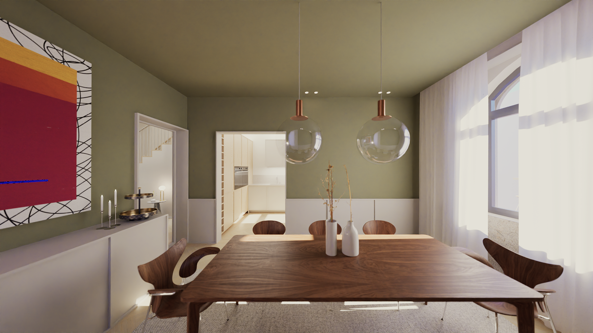 Sala de jantar com mesa de madeira, quatro cadeiras, duas luminárias de vidro suspensas, janelas com cortinas brancas, parede verde e porta para cozinha ao fundo.