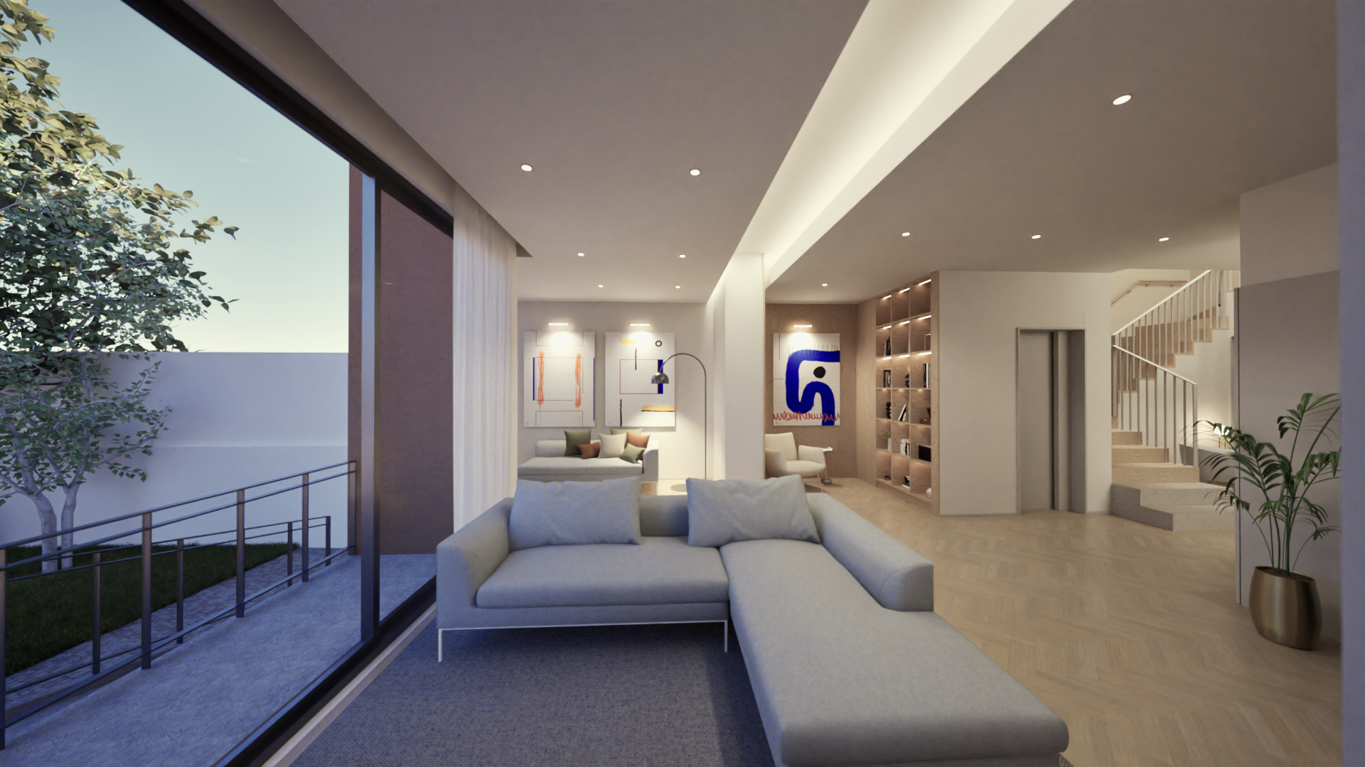 Sala de estar moderna com sofá cinza, iluminação embutida no teto, parede com obras de arte e uma escada de madeira branca ao fundo