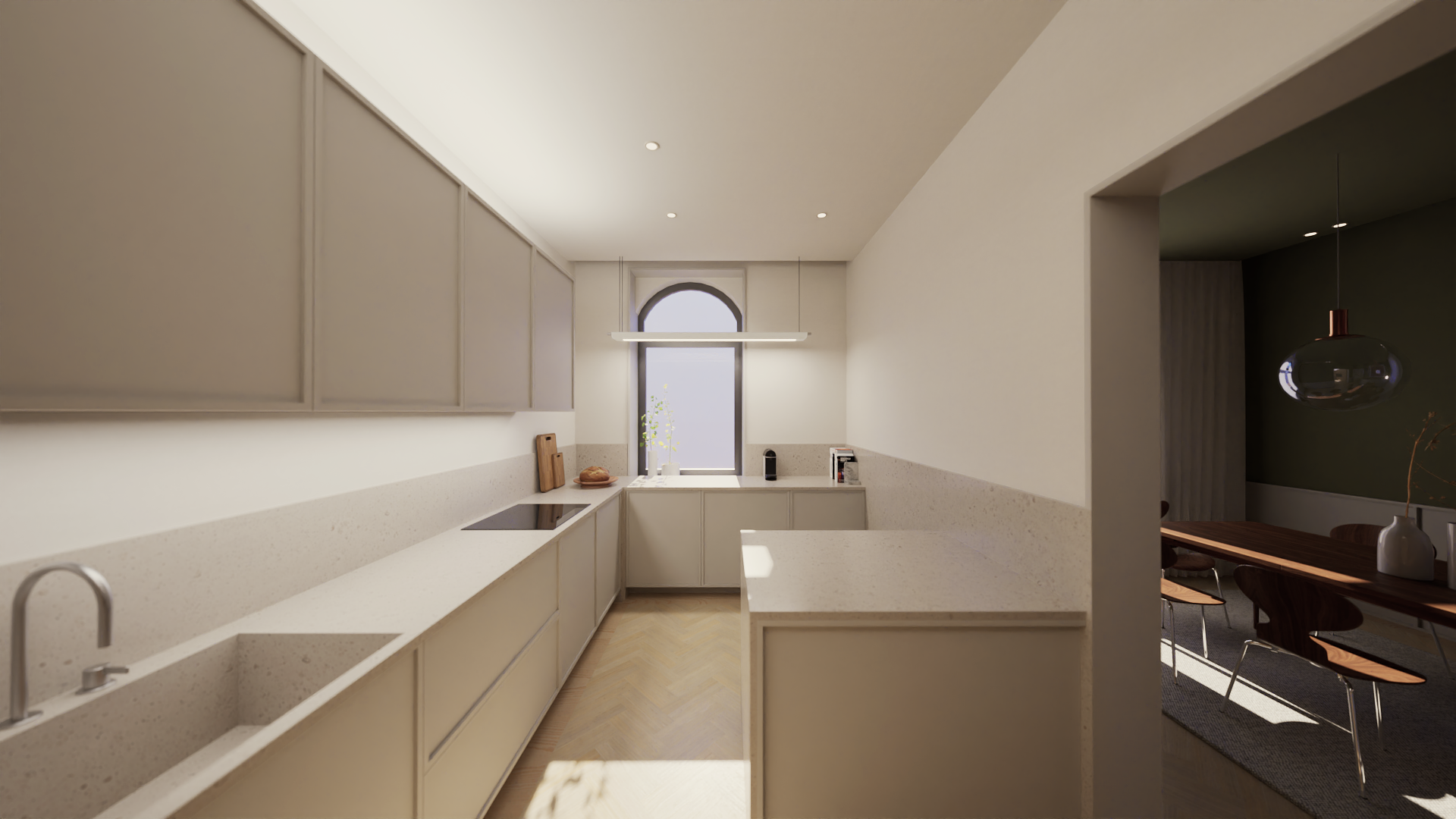 Cozinha moderna com armários cinza claro, pia, cooktop, janela grande ao fundo com luz natural, acabamento minimalista, ao lado sala de jantar com mesa de madeira e cadeiras