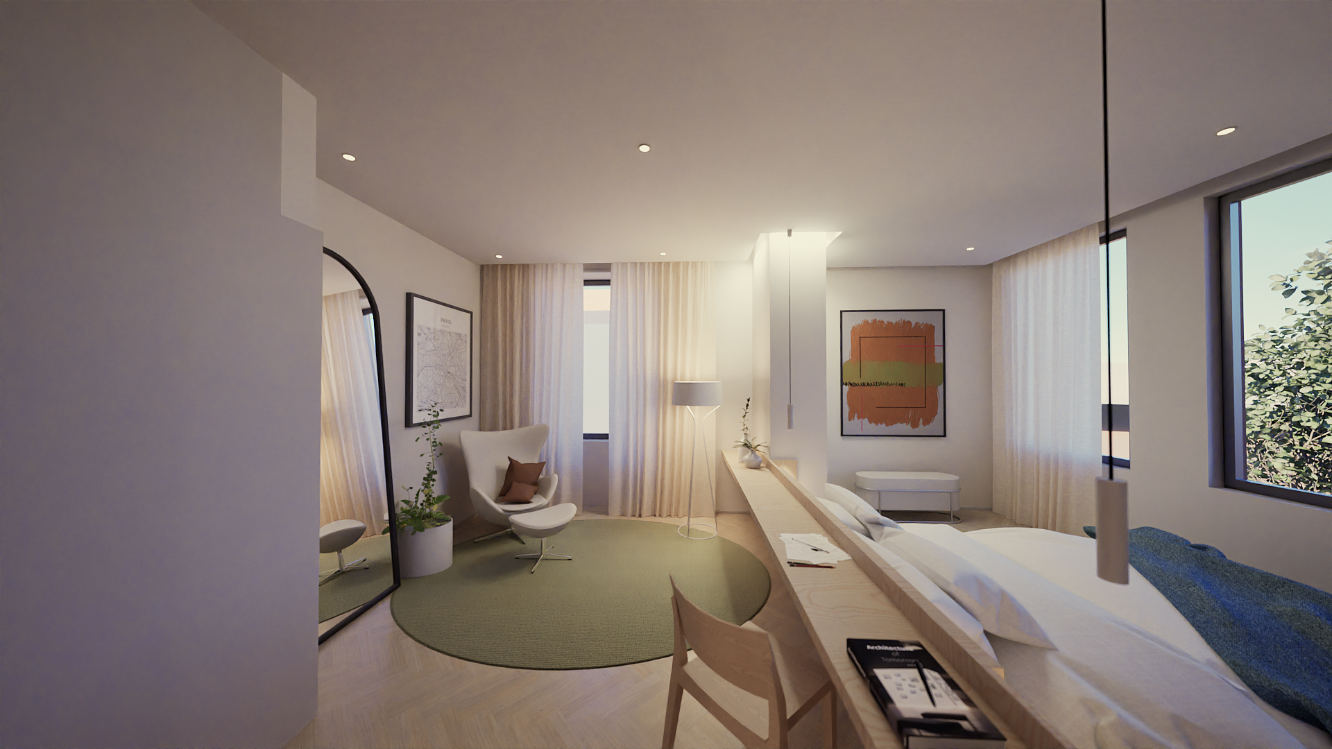 Quarto de hotel moderno com cama, poltrona com puff, câmera de chão, mesa de cabeceira com velas e planta, janelas com cortinas brancas e quadro decorativo na parede