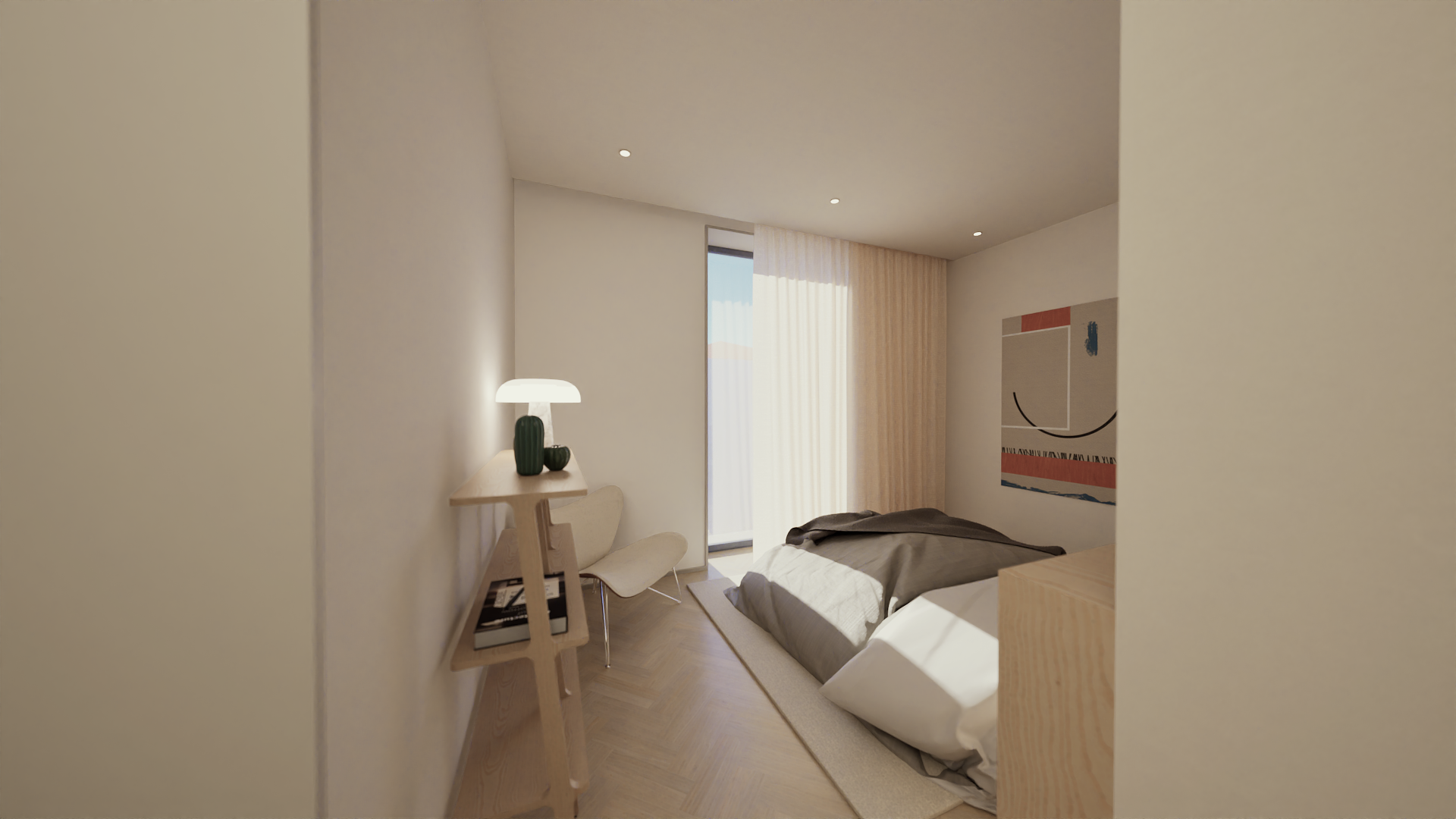 Quarto de dormir moderno com cama desfeita, mesa de cabeceira de madeira, luminária, cadeira e decoração minimalista com quadro abstrato na parede e cortinas claras.