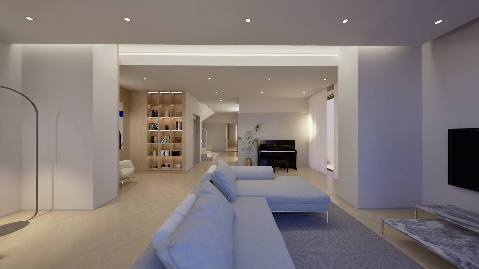 Sala de estar moderna com sofá cinza, piano preto, estante de livros em madeira, parede de janelas com cortinas, piso de madeira clara e iluminação embutida no teto.