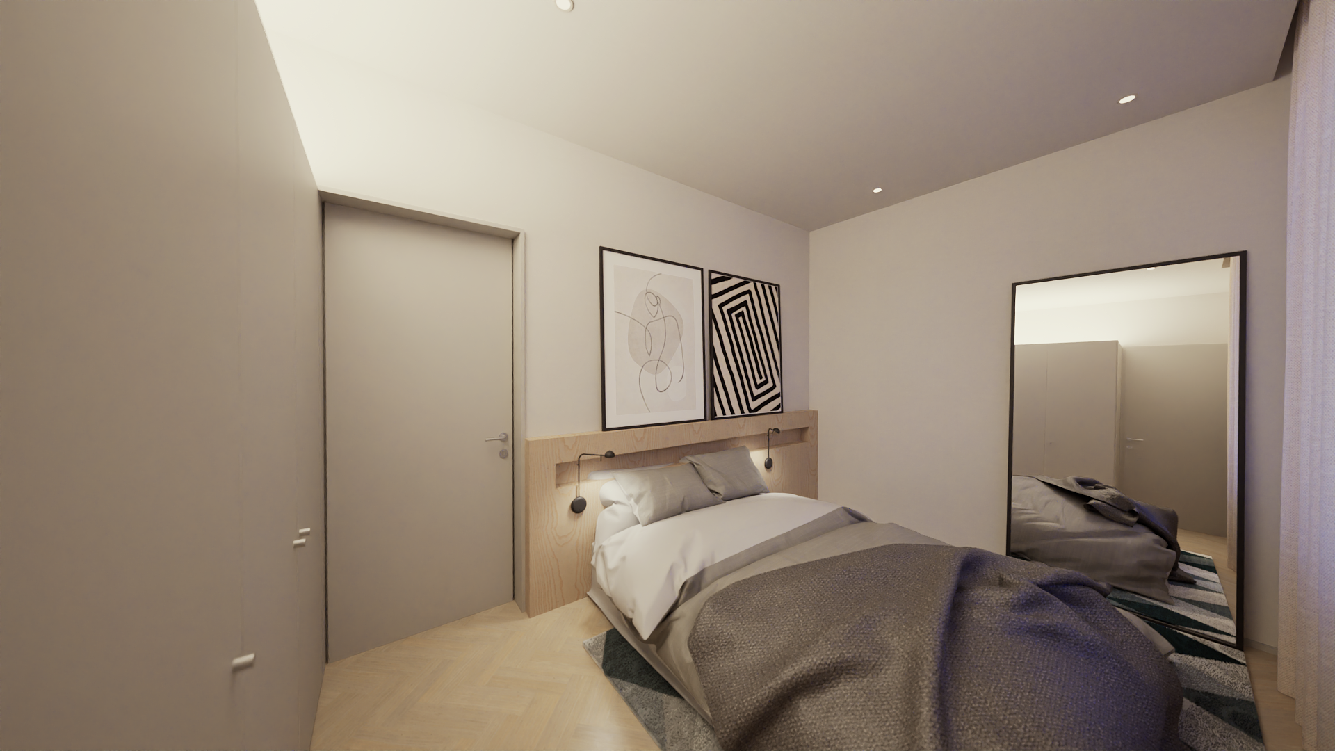 Quarto minimalista com cama de casal, cama feita com lençóis brancos e uma colcha cinza escuro. Ao lado da cama há uma cabeceira de madeira clara com duas luminárias de leitura. Dois quadros de arte abstrata estão pendurados na parede acima da cama. 