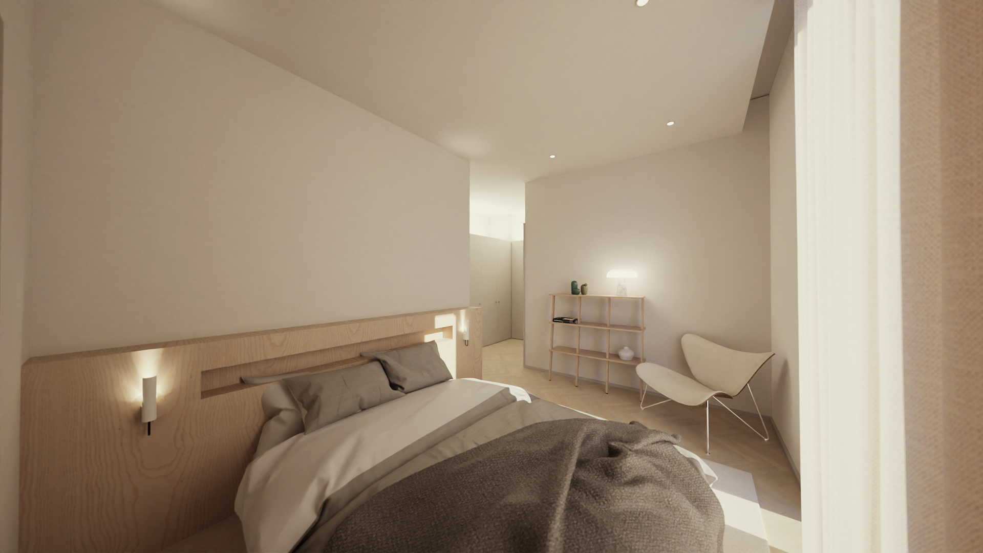 Quarto com cama de roupa branca e travesseiros cinza, parede de cabeceira de madeira clara com iluminação embutida, cômoda de madeira com objetos decorativos e uma cadeira moderna branca ao lado da janela com cortina de tecido leve.