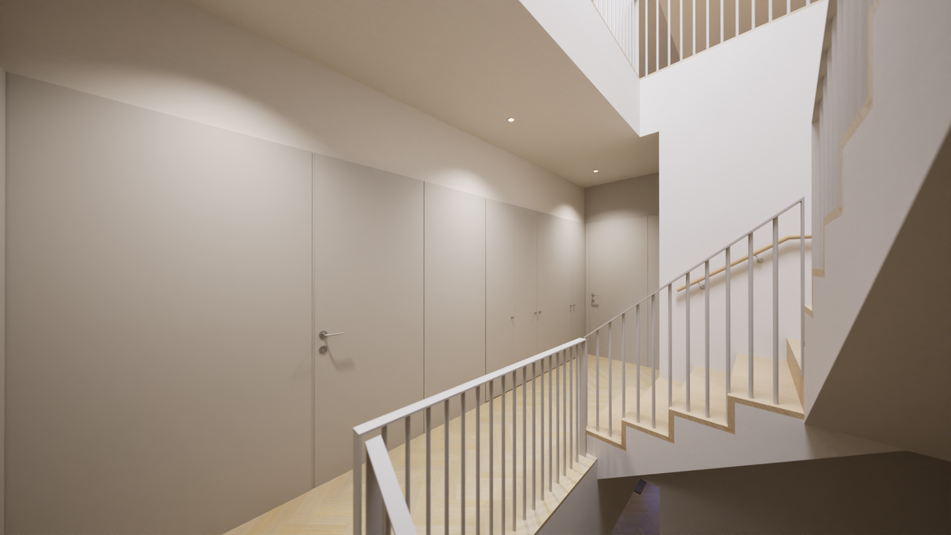 Corredor com portas brancas em um prédio, com escada de madeira e corrimão branco.