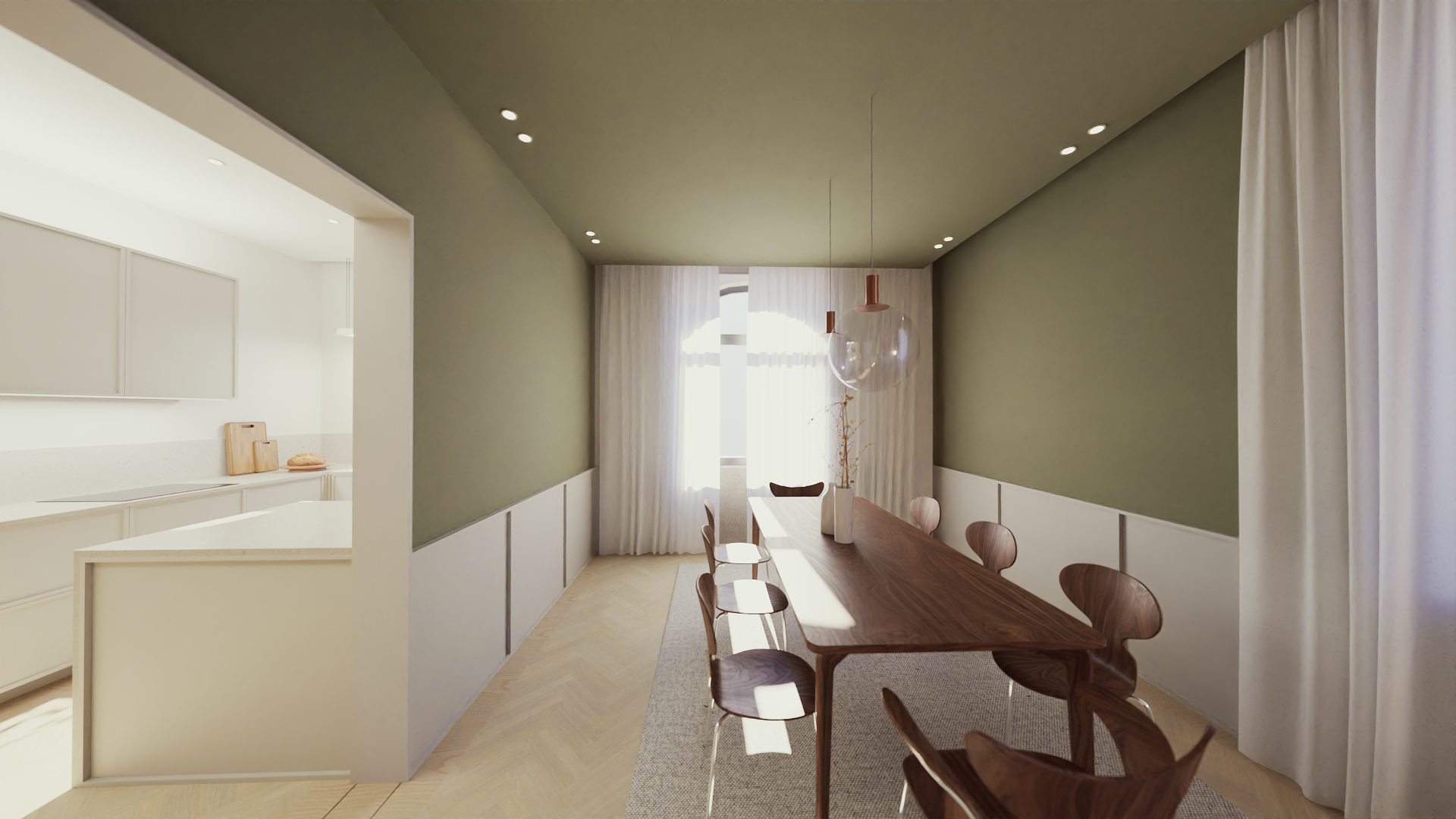 Sala de jantar com mesa de madeira, cadeiras de madeira ao redor, cortinas brancas na janela ao fundo, teto com iluminação embutida, cores suaves na decoração.