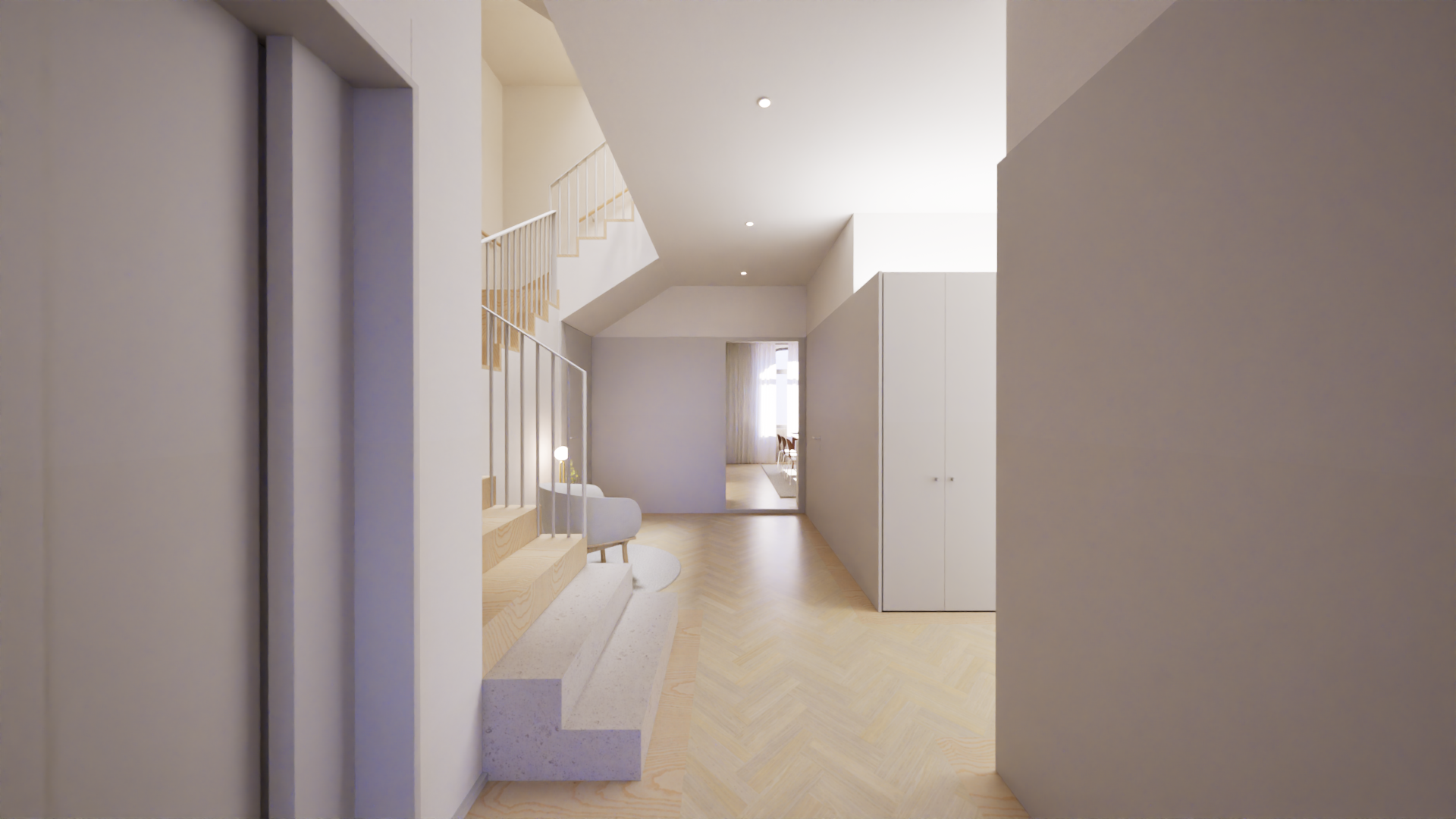 Entrada de uma casa moderna com escada de madeira, móveis brancos e iluminação suave