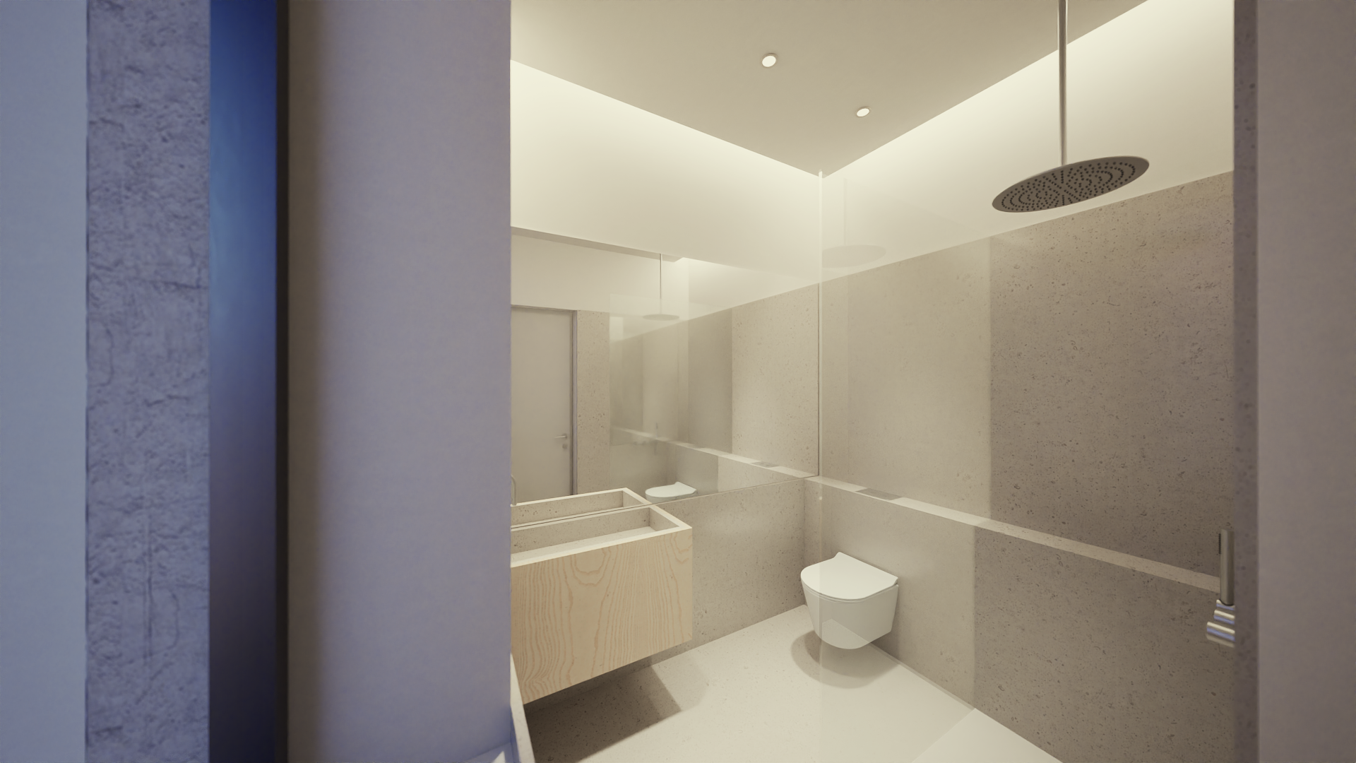 Banheiro moderno com paredes de pedra, teto com iluminação embutida, espelho grande, pia de madeira, vaso sanitário branco e chuveiro com teto de chuva.