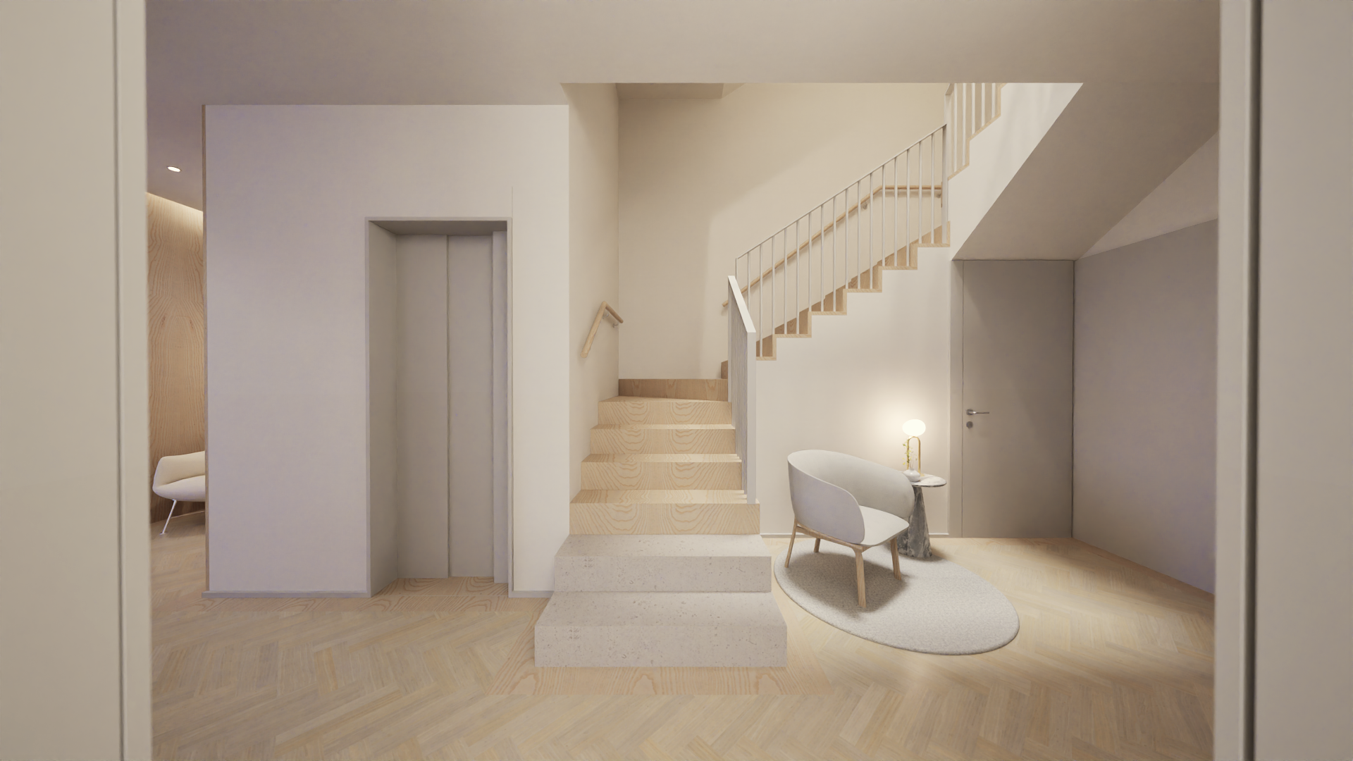 Sala de entrada minimalista com escada de madeira clara, cadeira branca ao lado de mesa de canto com luminária, piso de parquinato de madeira clara e paredes brancas.