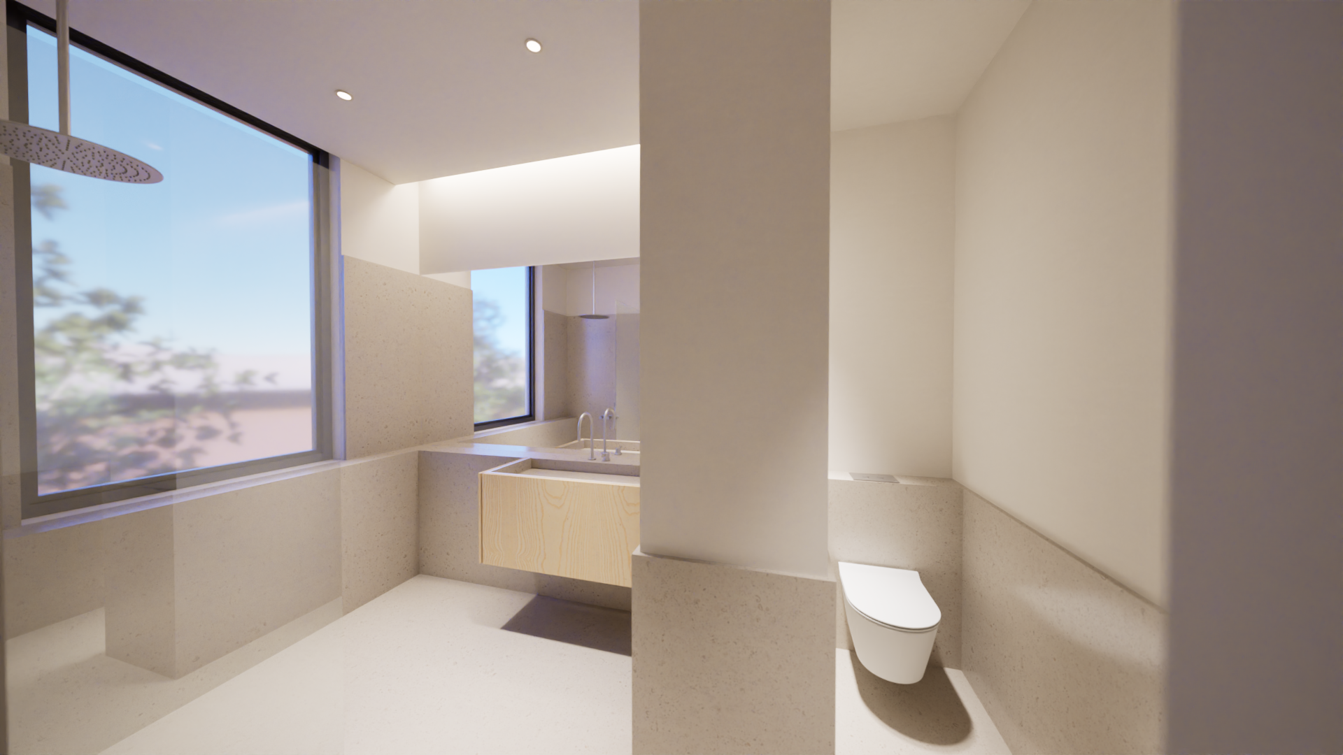 Banheiro com janelas grandes, pia de bancada de madeira, vaso sanitário suspenso e paredes de acabamento claro.