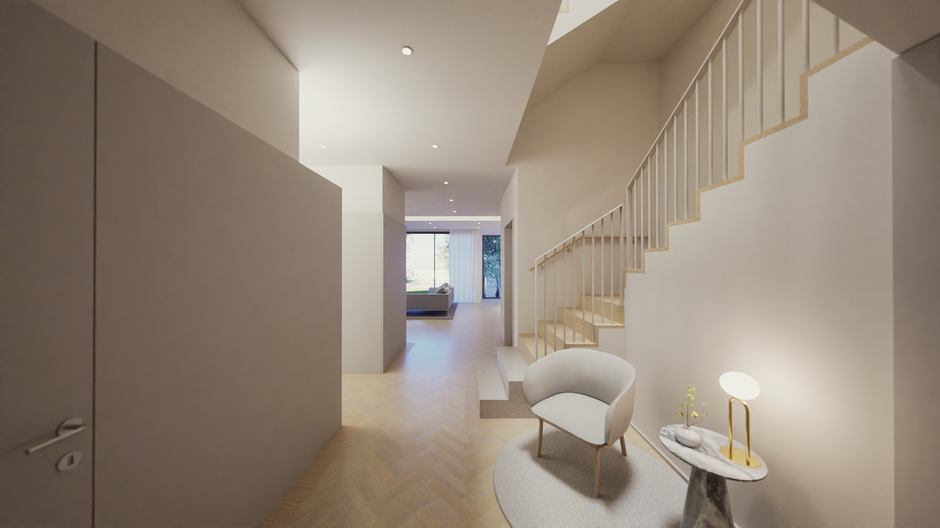 Interior de uma casa com sala de estar ao fundo, escada branca ao lado, uma poltrona cinza claro, mesa com luminária e vaso com planta na entrada, iluminação suave e janelas grandes.