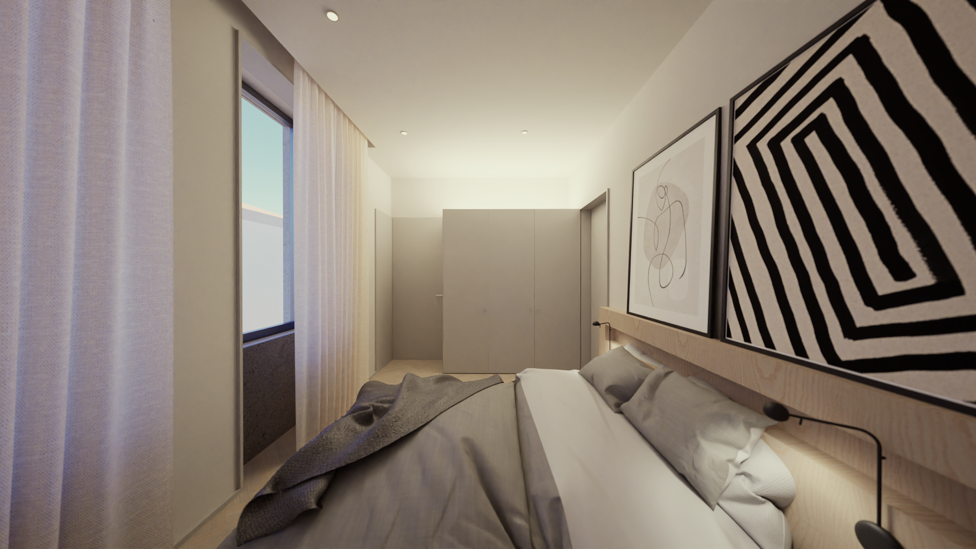 Quarto com parede branca, janelas de vidro com cortinas brancas, cama de casal com roupas cinzas, quadros geométricos e abstratos na parede acima da cama, cabeceira de madeira, luminária de leitura ao lado da cama.