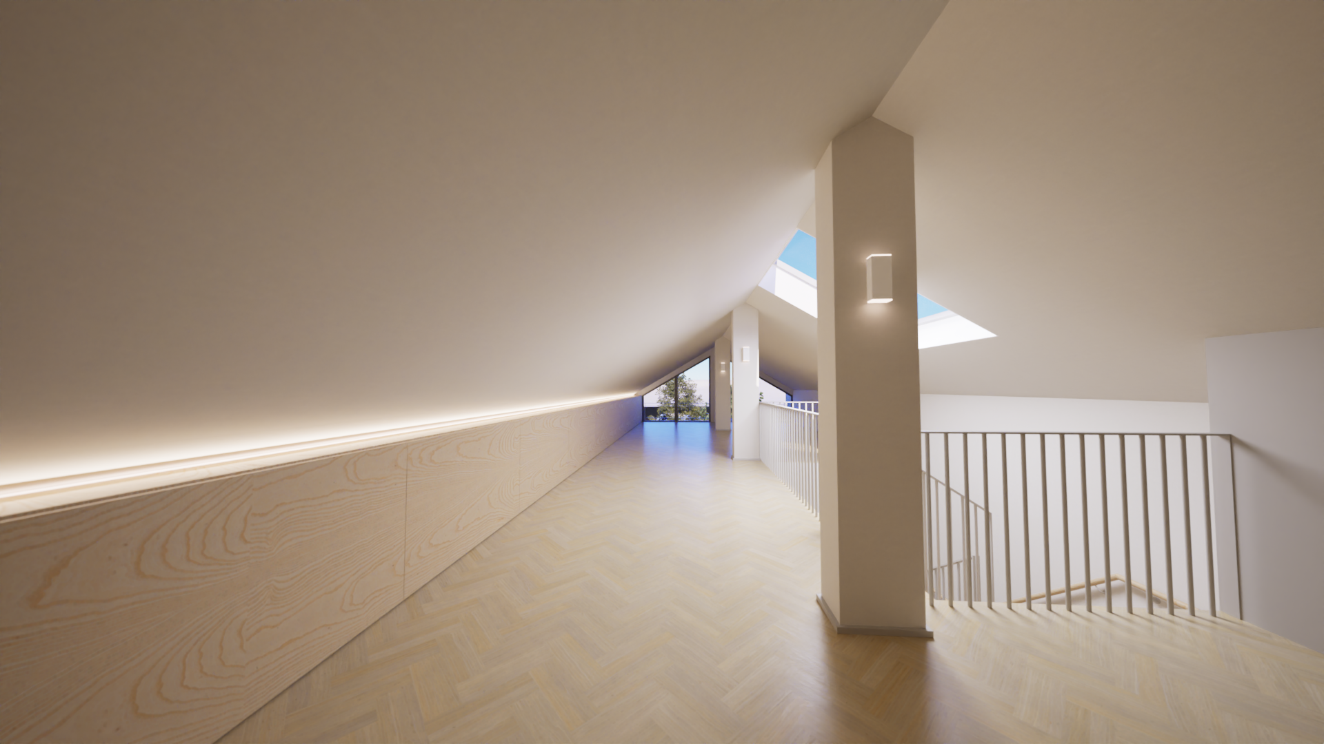 Corredor com teto inclinado, iluminação embutida, janelas e guarda corpo branco, com piso de madeira clara.