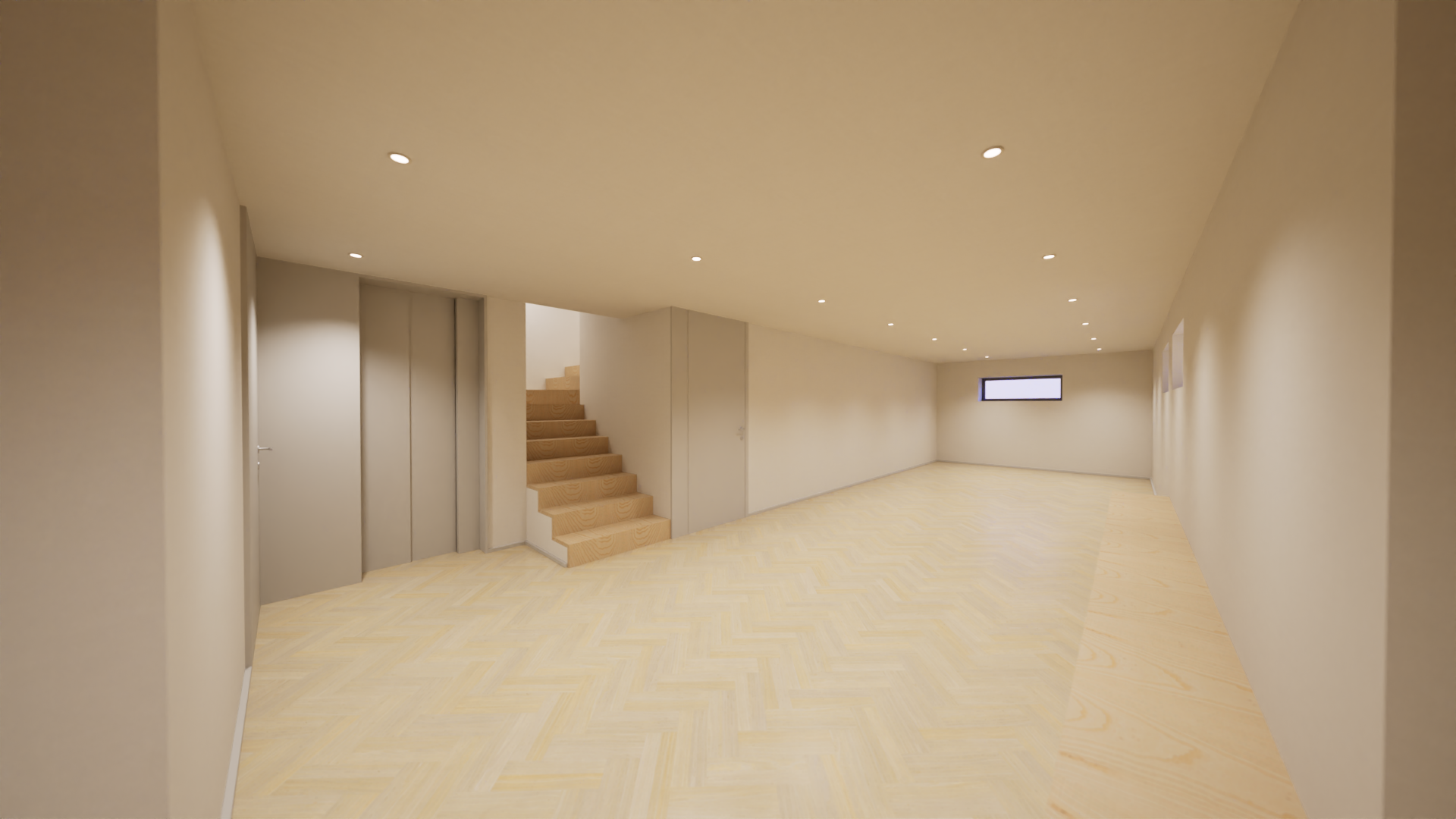 Imagem de uma sala ampla com paredes brancas, piso de madeira clara, escada de madeira e uma janela estreita ao fundo.