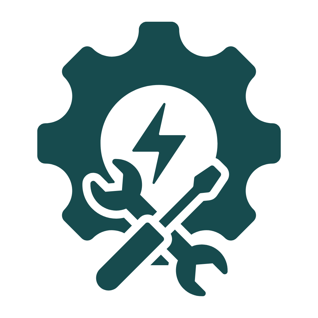 Icon of a gear with a lightning bolt and crossed wrench and screwdriver representing electrical installation services.