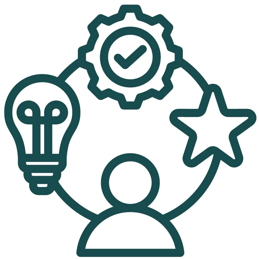 Icon depicting a person with a light bulb, gear with check mark, and star for our expert guidance.