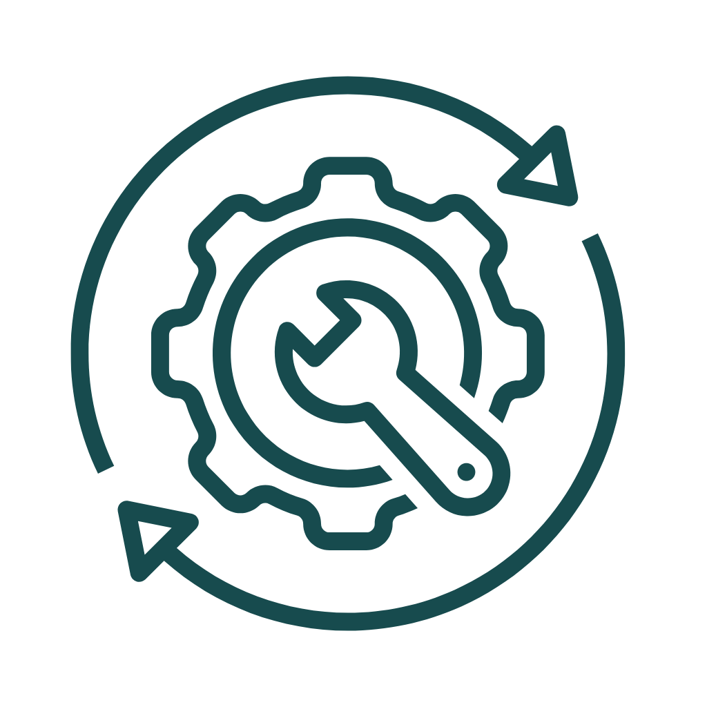 Illustration of a wrench inside a gear with surrounding arrows, symbolizing ongoing maintenance support.
