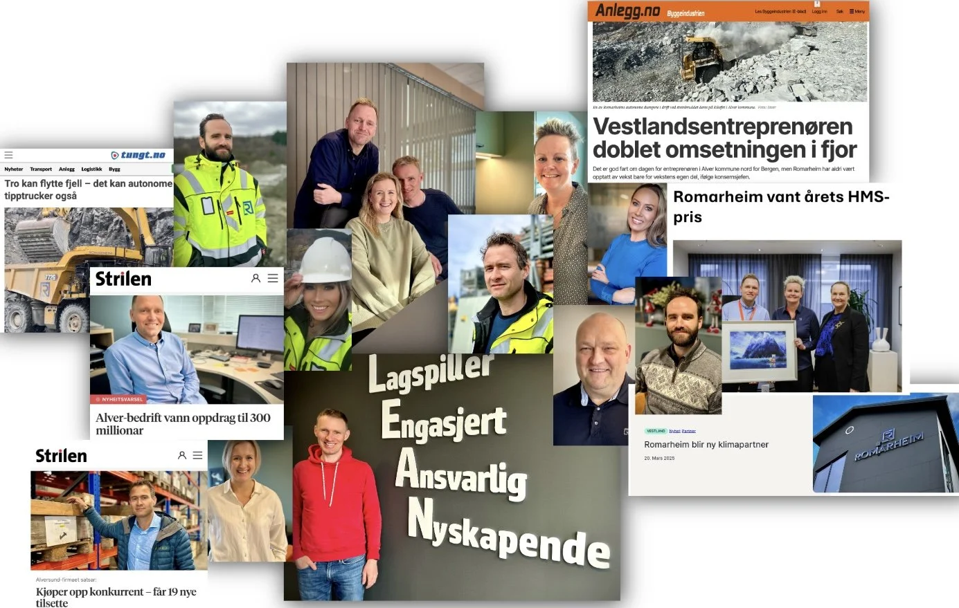 En collage av ulike personer og nyhetsartikler fra ulike norske nyhetsnettsteder, med en sentral tekst som lyder "Lagspirer Engasjert Ansvarlig Nyskapende".