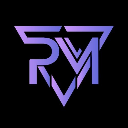 Logo com formas geométricas em tons de roxo formando as letras RM e um triângulo invertido