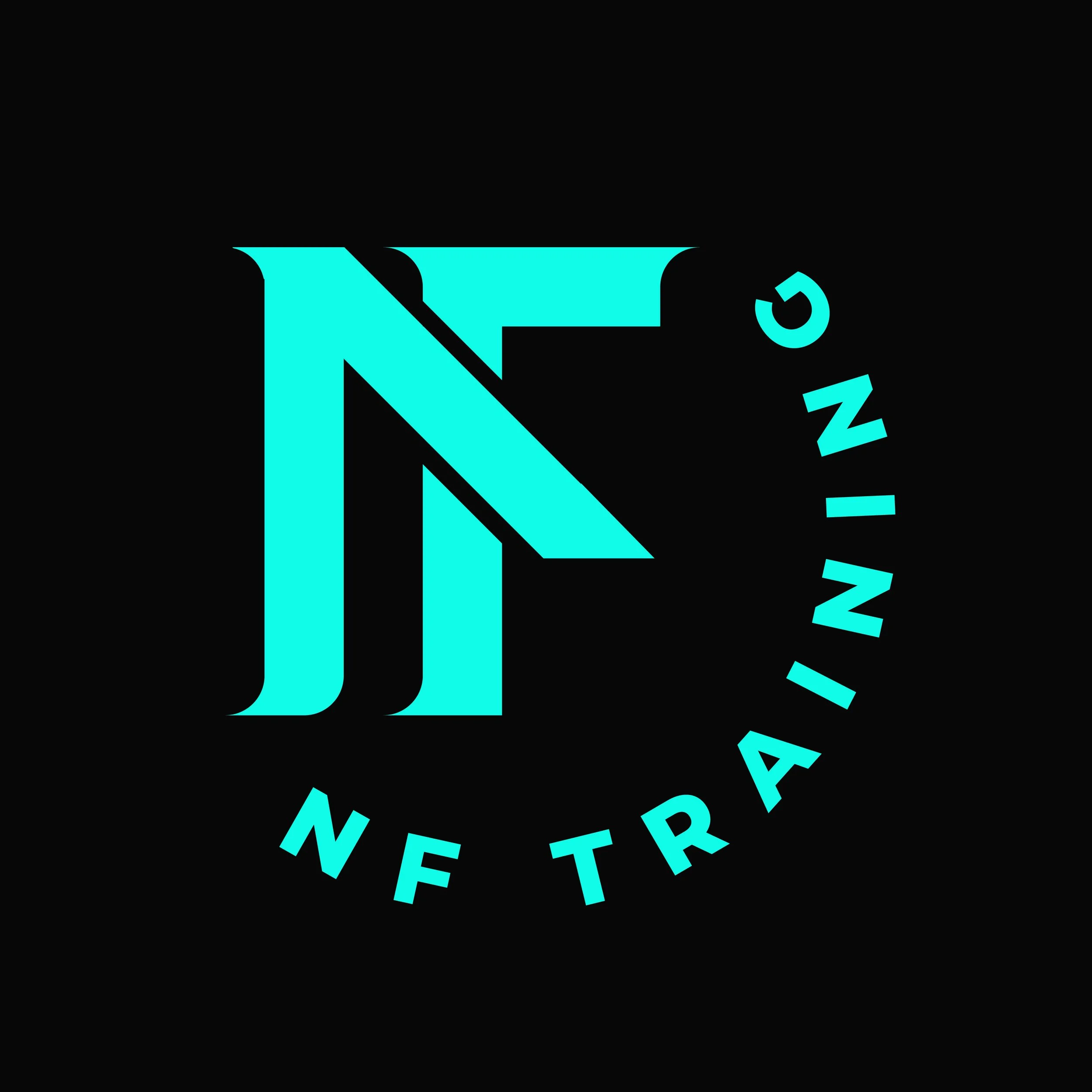 Logotipo com uma letra estilizada 'N' em azul claro, com a frase 'N F TRADING' em volta em azul sobre fundo preto.