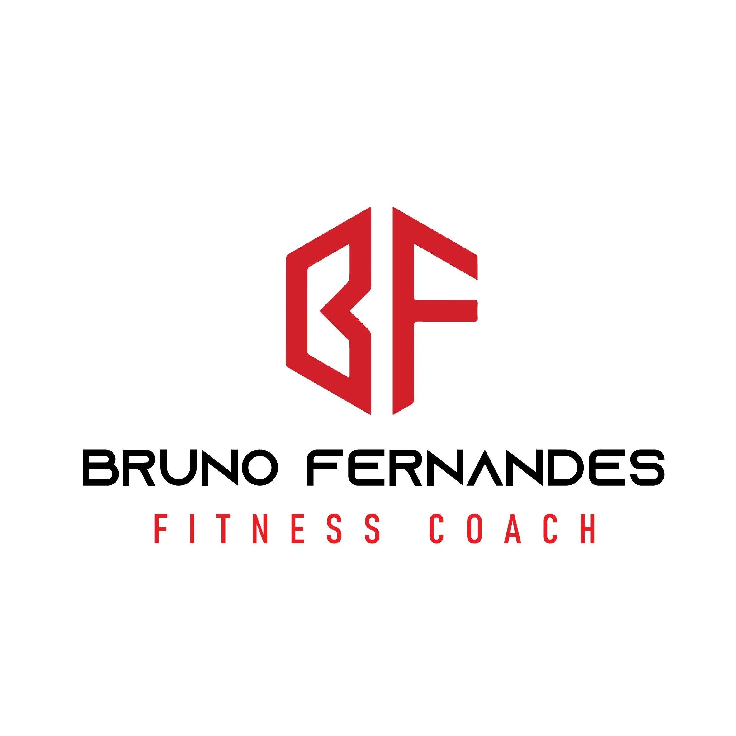 Logo com as iniciais 'BF' em estilo geométrico vermelho, abaixo o nome 'Bruno Fernandes' em preto e a descrição 'Fitness Coach' em vermelho.
