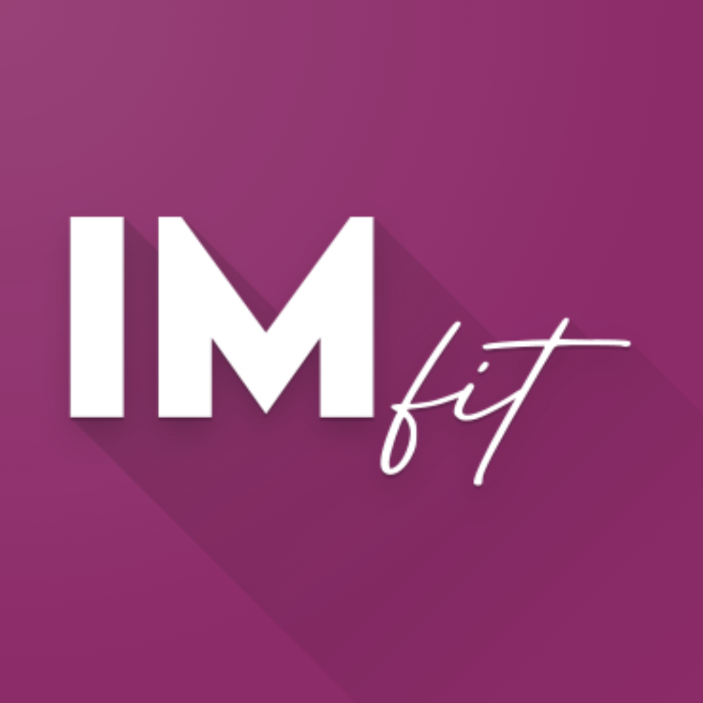 Logotipo com o texto 'IM fit' em fundo roxo, com design moderno e sombras longas.