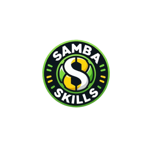 Logotipo circular com letras 'Samba Skills' e símbolo de dinheiro com cifrão no centro, nas cores verde, preto, branco e amarelo.
