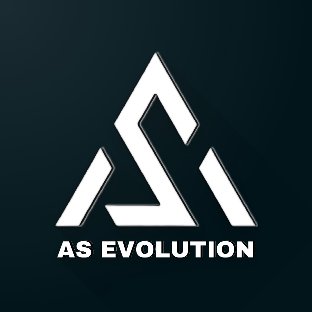 Logotipo com design geométrico de uma pirâmide com linhas brancas em fundo escuro, com o texto "AS EVOLUTION" ao pé