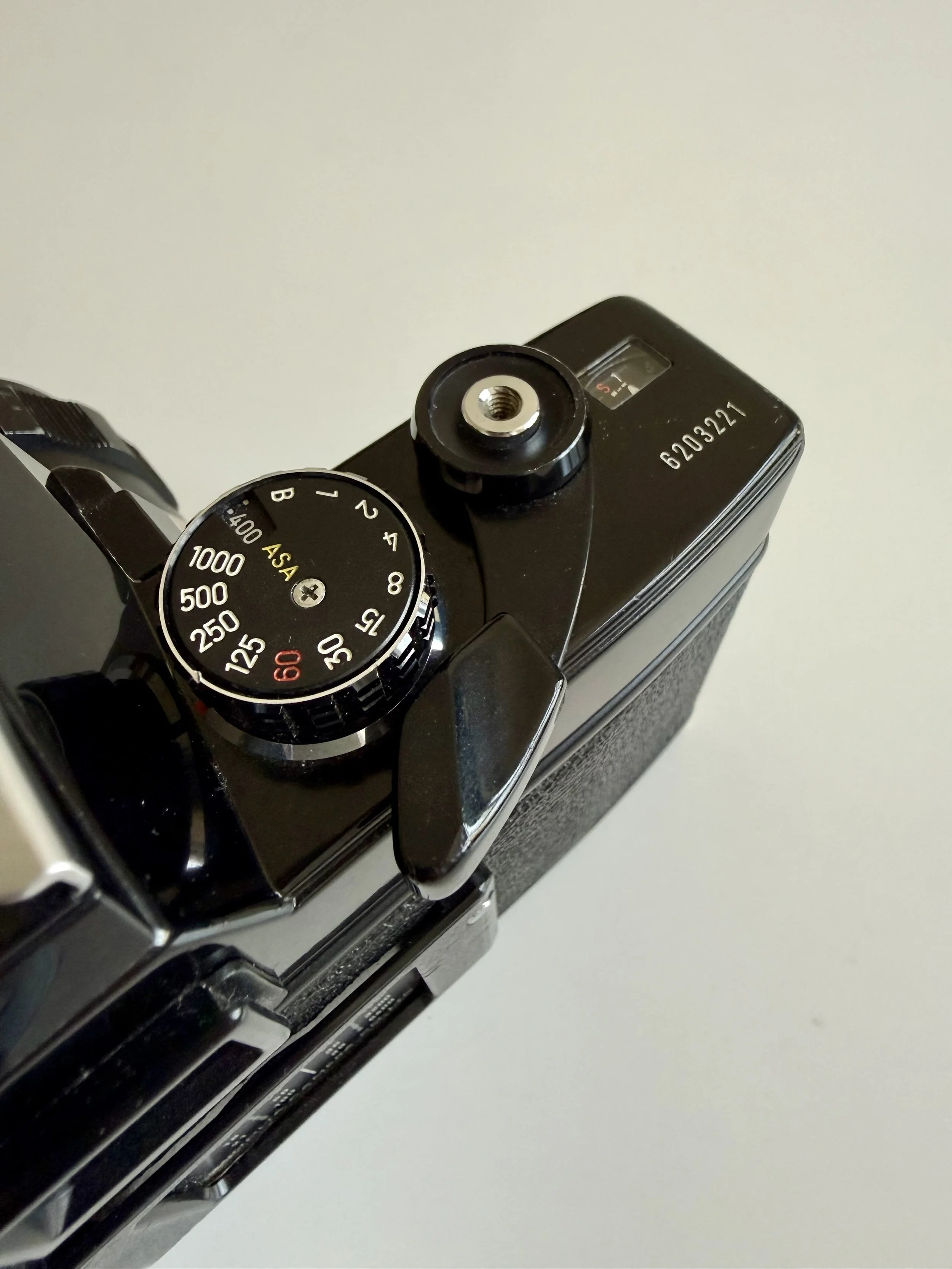 Minolta SR101 Close up of shutter speed dial, film advance lever and frame counter.