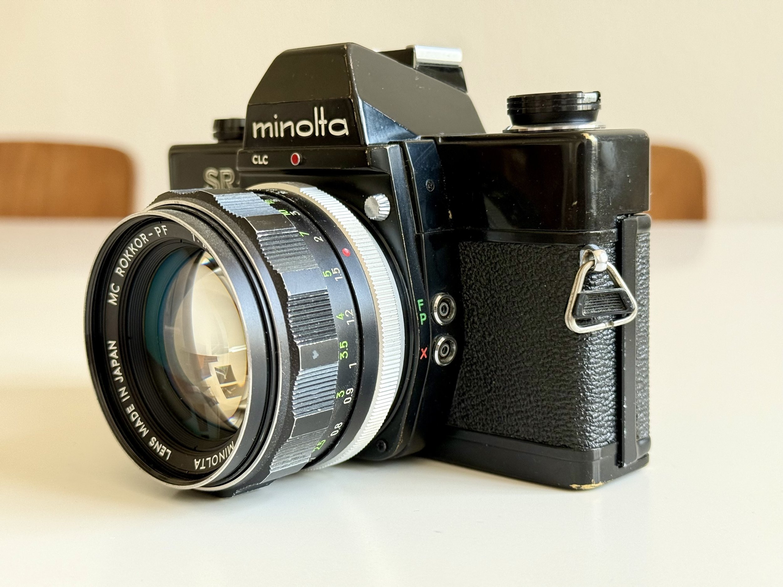 Minolta SR-101 body with 58mm f1.4 MC Rokkor lens - showing flash and FP sync ports. JDM version of SRT 101