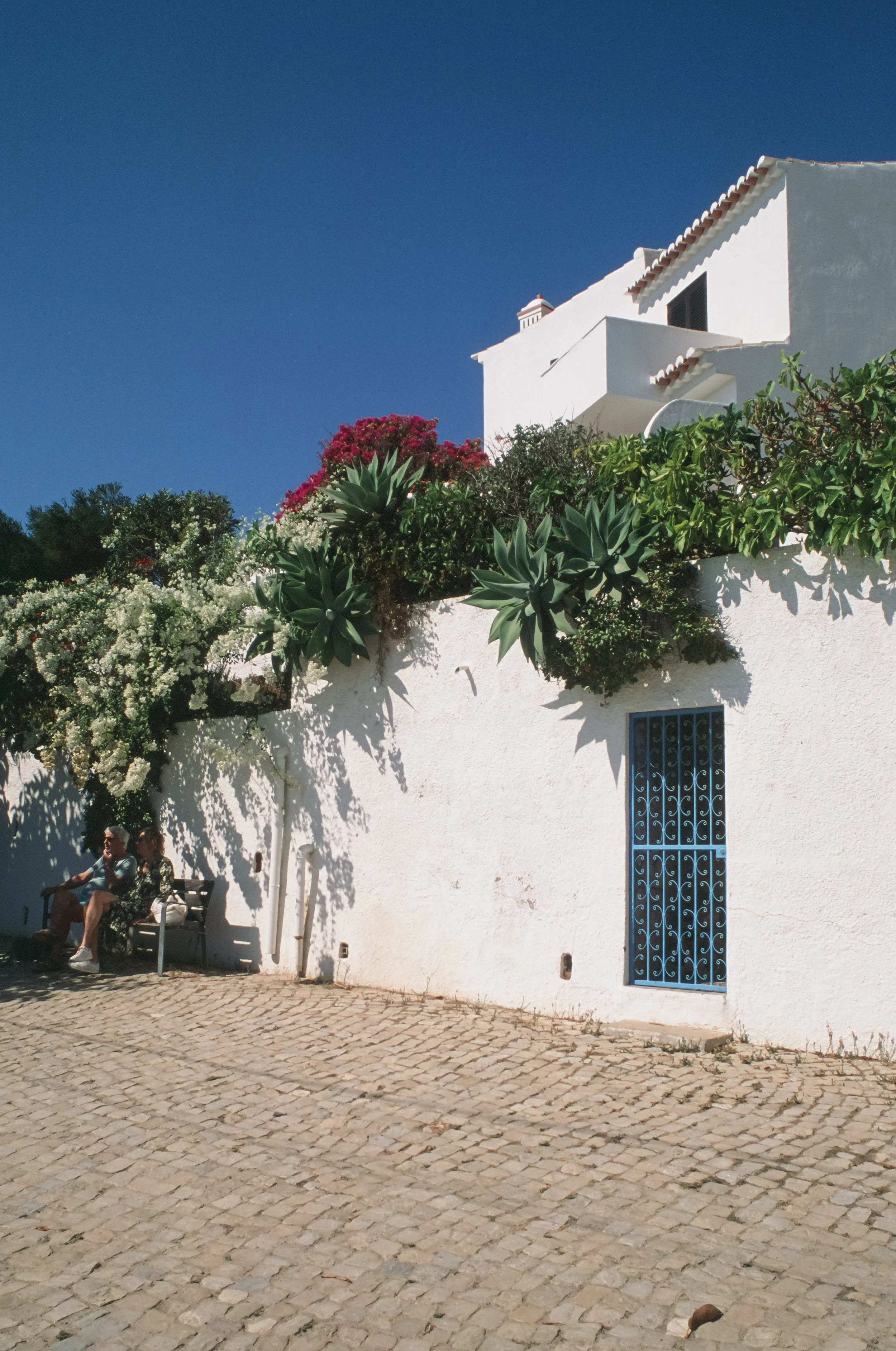 Zwei Menschen sitzen auf einer Bank vor einer weißen Hauswand mit blühenden Pflanzen und Agaven, bei strahlendem Sonnenschein unter einem klaren blauen Himmel. Portugal auf Fuji Provia 100f.
