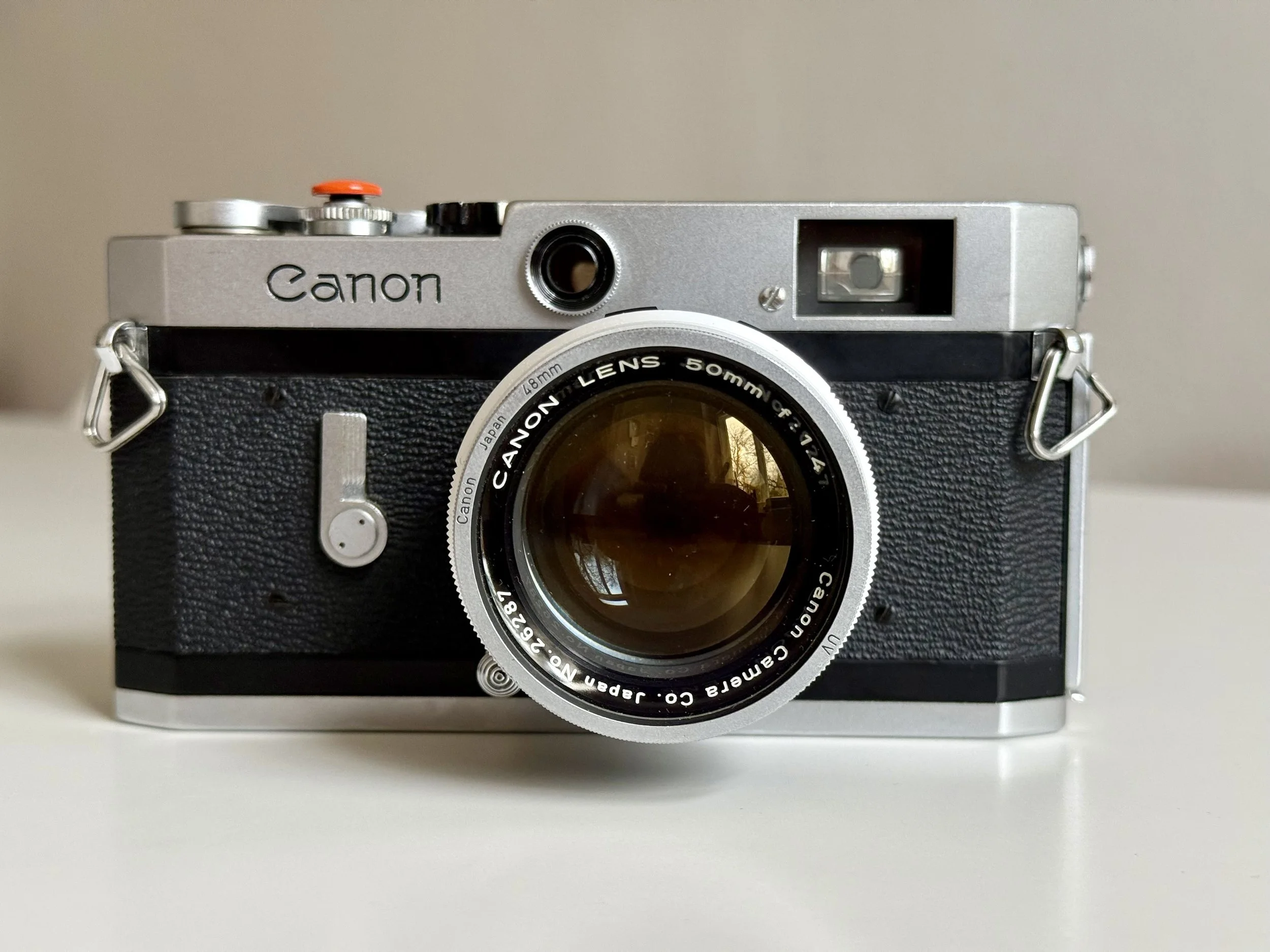 Frontal portrait of the silver Canon P rangefinder with the 50mm f1.4 lens.
