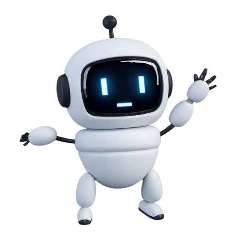 A cute white robot with a black face display showing a happy expression, and an antenna on its head, waving with one hand.