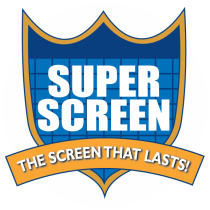 A shield-shaped logo with a blue background and gold outline. Inside the shield, it reads 'SUPER SCREEN' in bold white letters. Below, an orange banner says 'THE SCREEN THAT LASTS!'