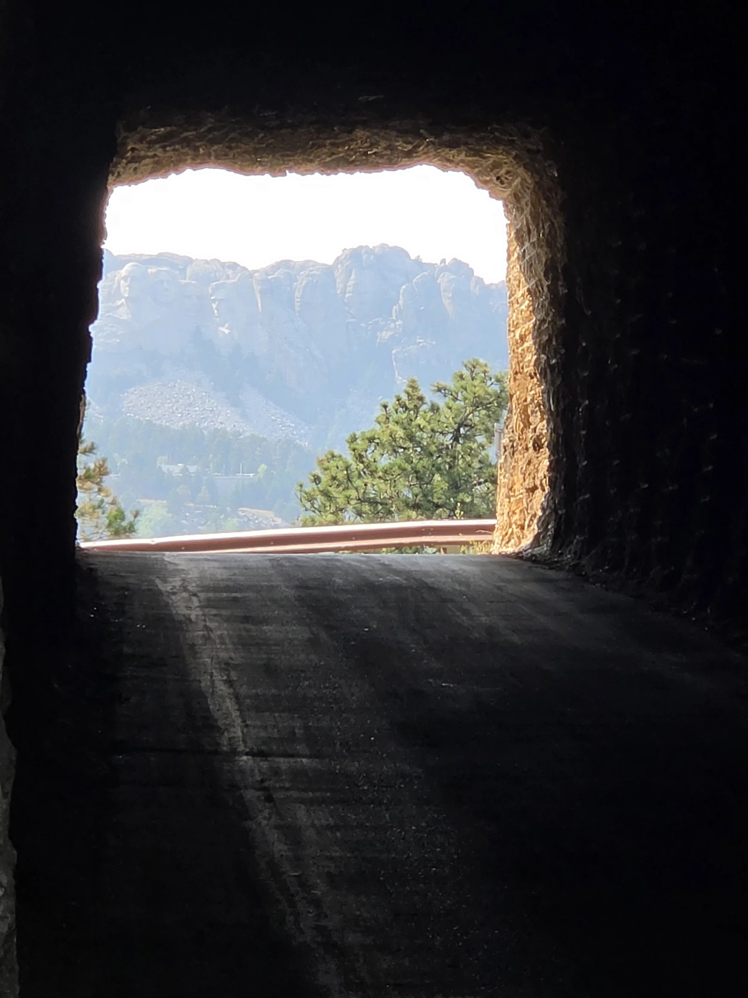 View from inside a tunnel looking out at a mountainous landscape with trees.