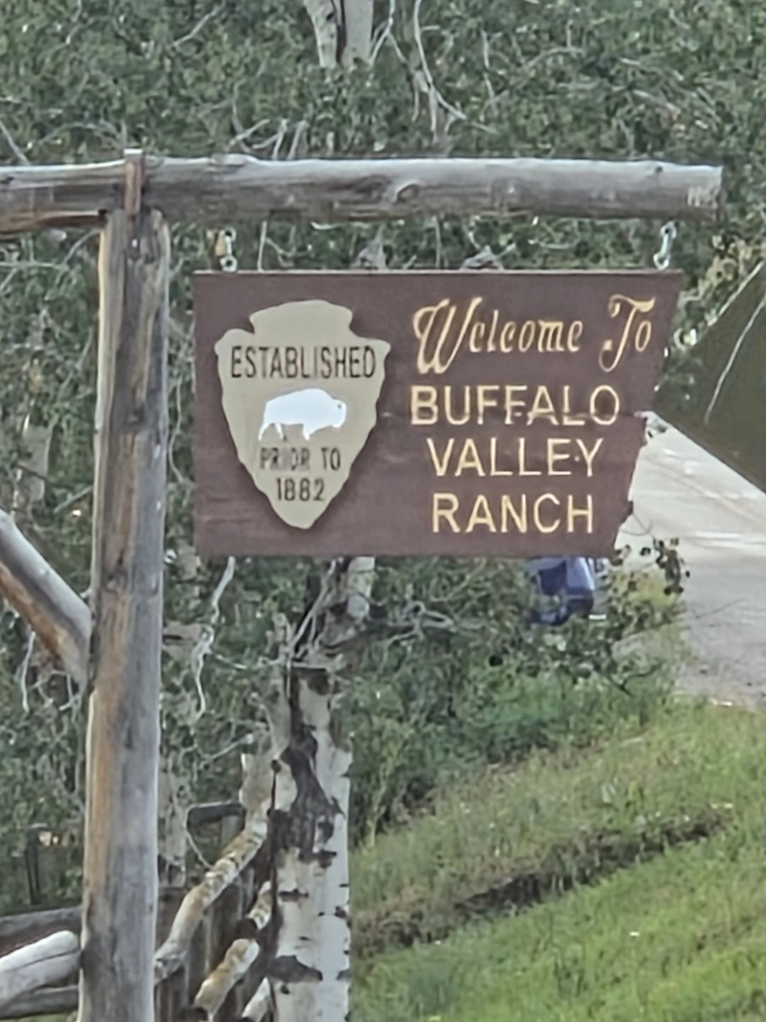 A wooden sign with a buffalo silhouette and the text "Established 1882" and "Welcome to Buffalo Valley Ranch" hangs from a wooden post in front of green grass and trees.