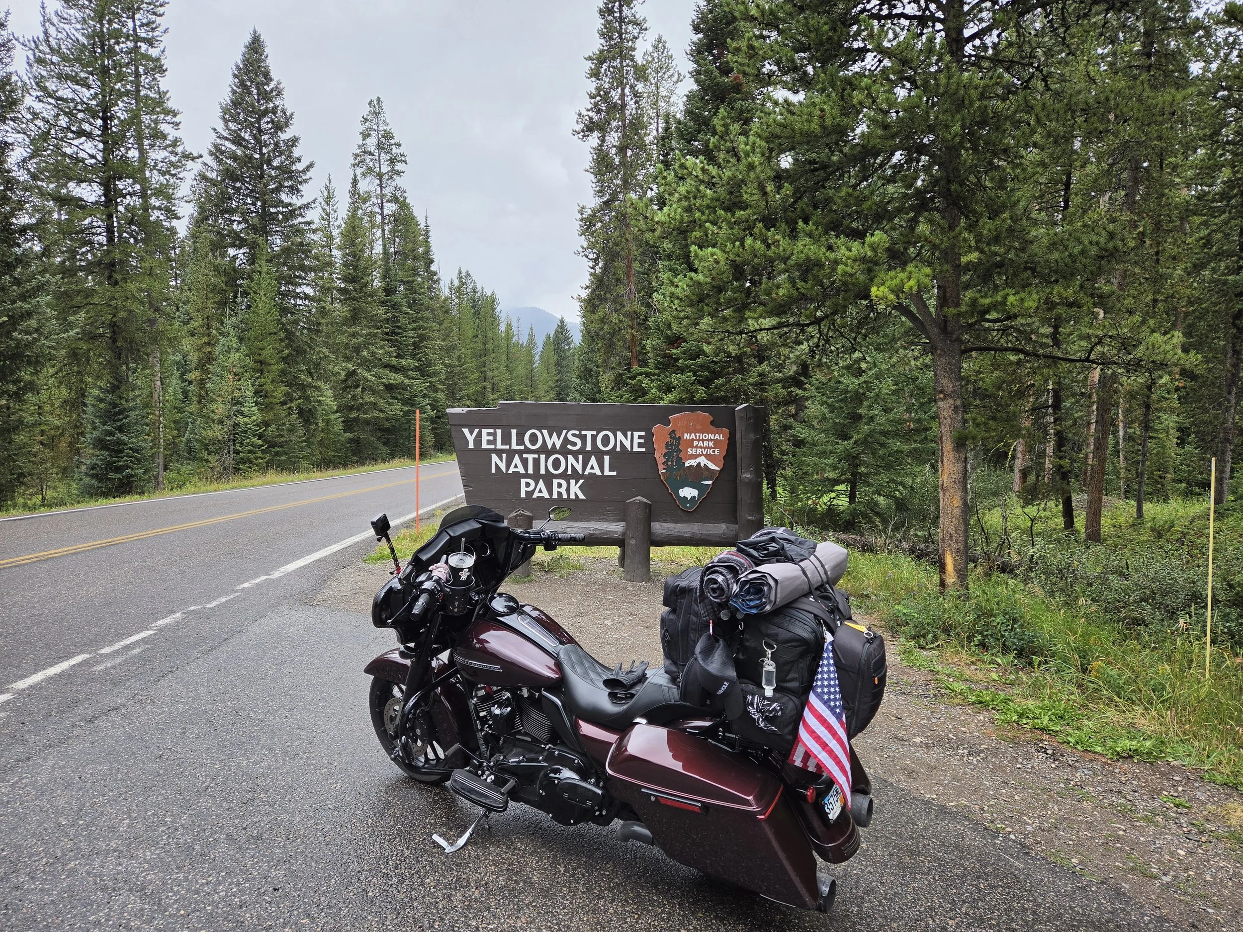 Motorcycle parked by a roadside with a Yellowstone National Park sign and surrounded by dense forest of tall green pine trees.