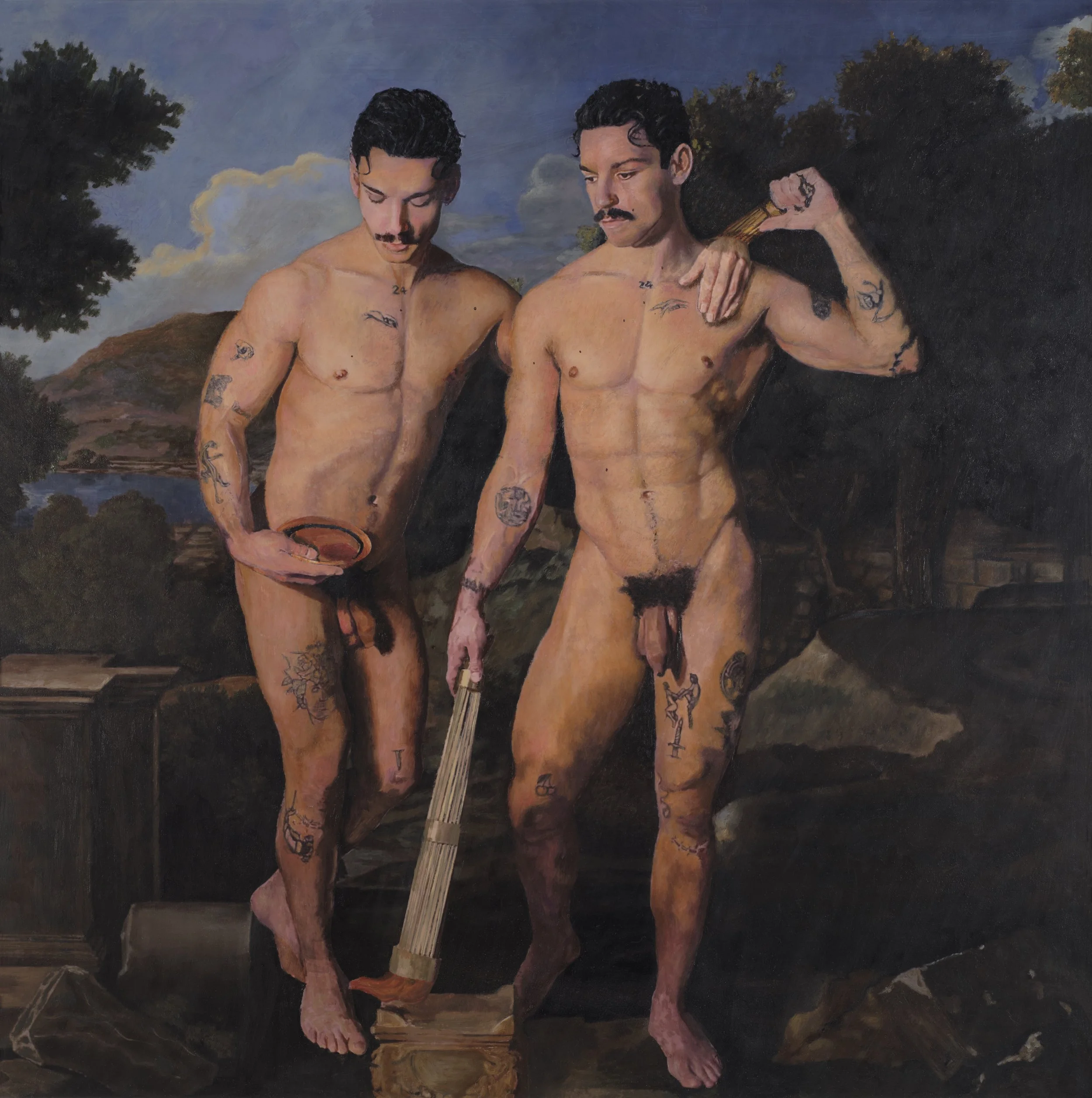 The Offering of the Dioskouri. Oil on paper laid on board. 57.5cm x 57.5cm