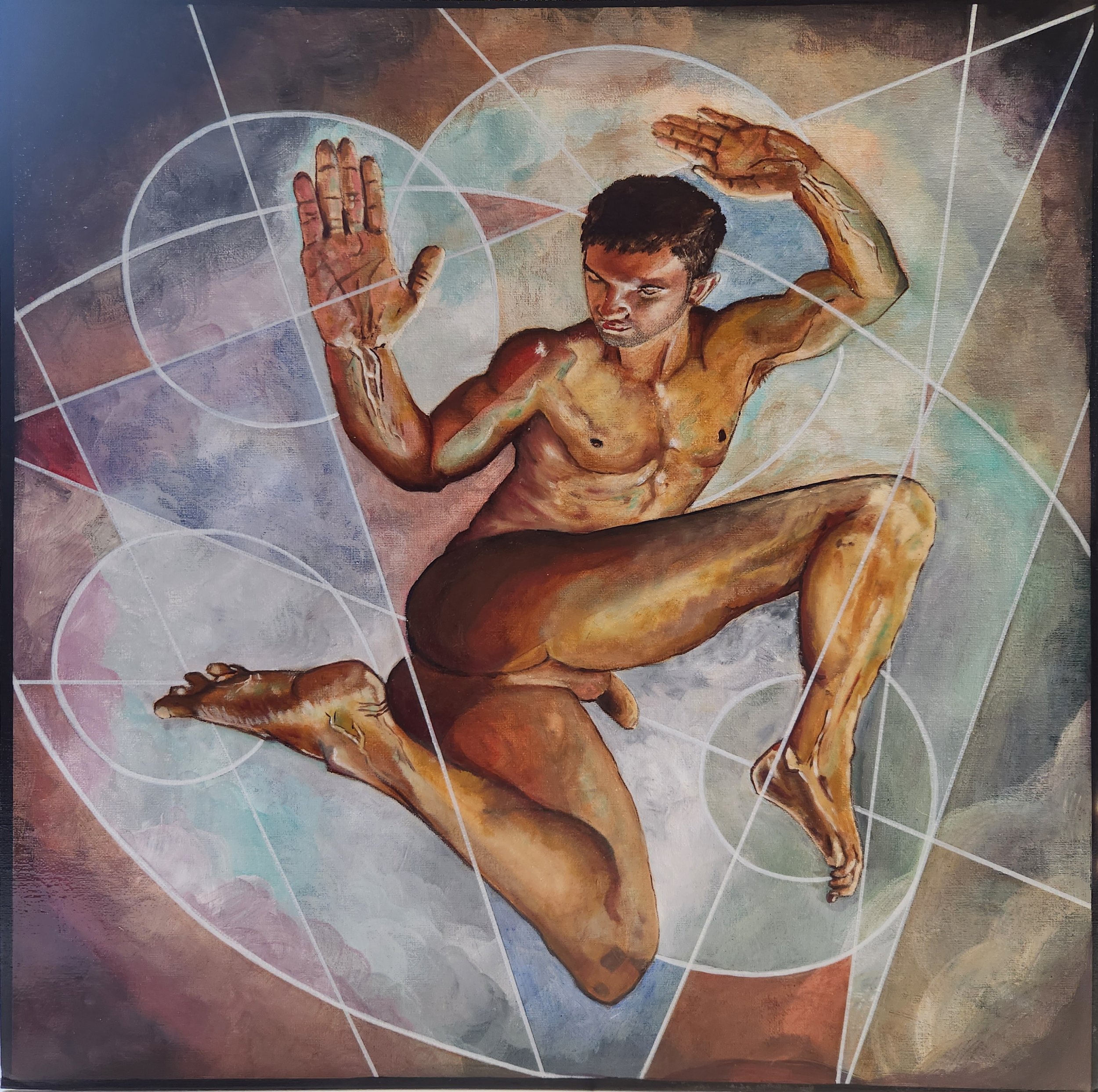 Zephyrus Deflecting the Discus of Apollo. Oil on canvas board. 2024. 60 x 60 cm (SOLD Private Collection)