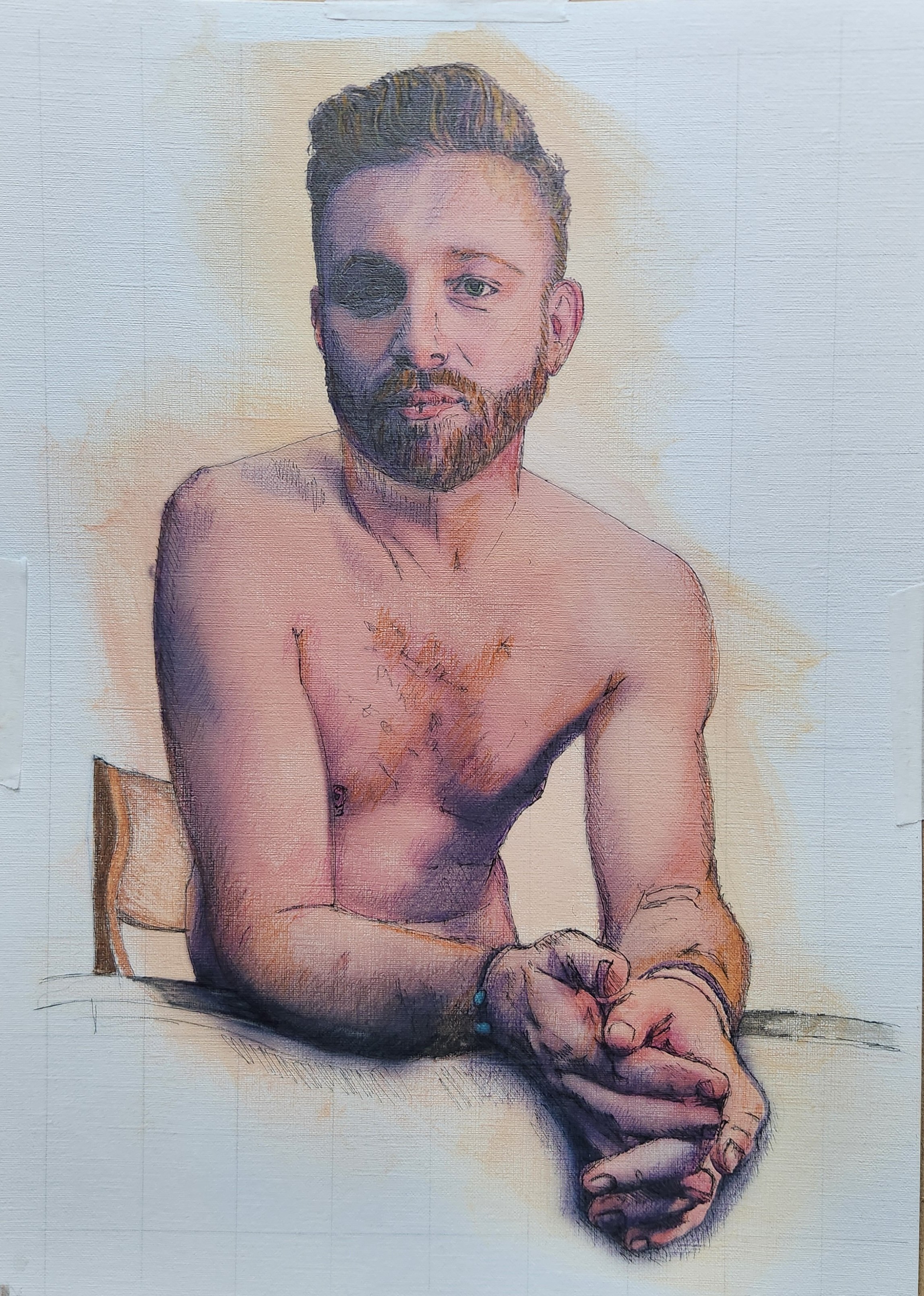 Stamatis 2025, watercolour and coloured pencil on paper 29.5cm x 42cm.
£100.00