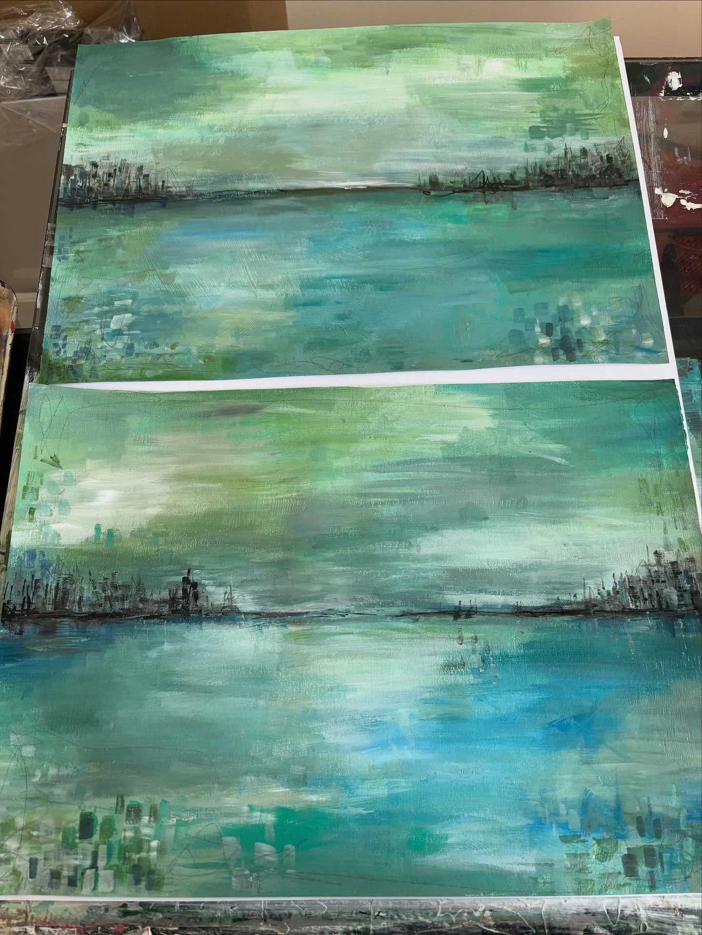 Acrylic abstract landscapes on paper.  Just wondering 🤔whether  to add picture mounts or not ? Link in bio enquiries through my website - original or prints available ✨Thank you✨
💚💙🤍

#supportartists #love-painting#peacefullplace #creativeprocess