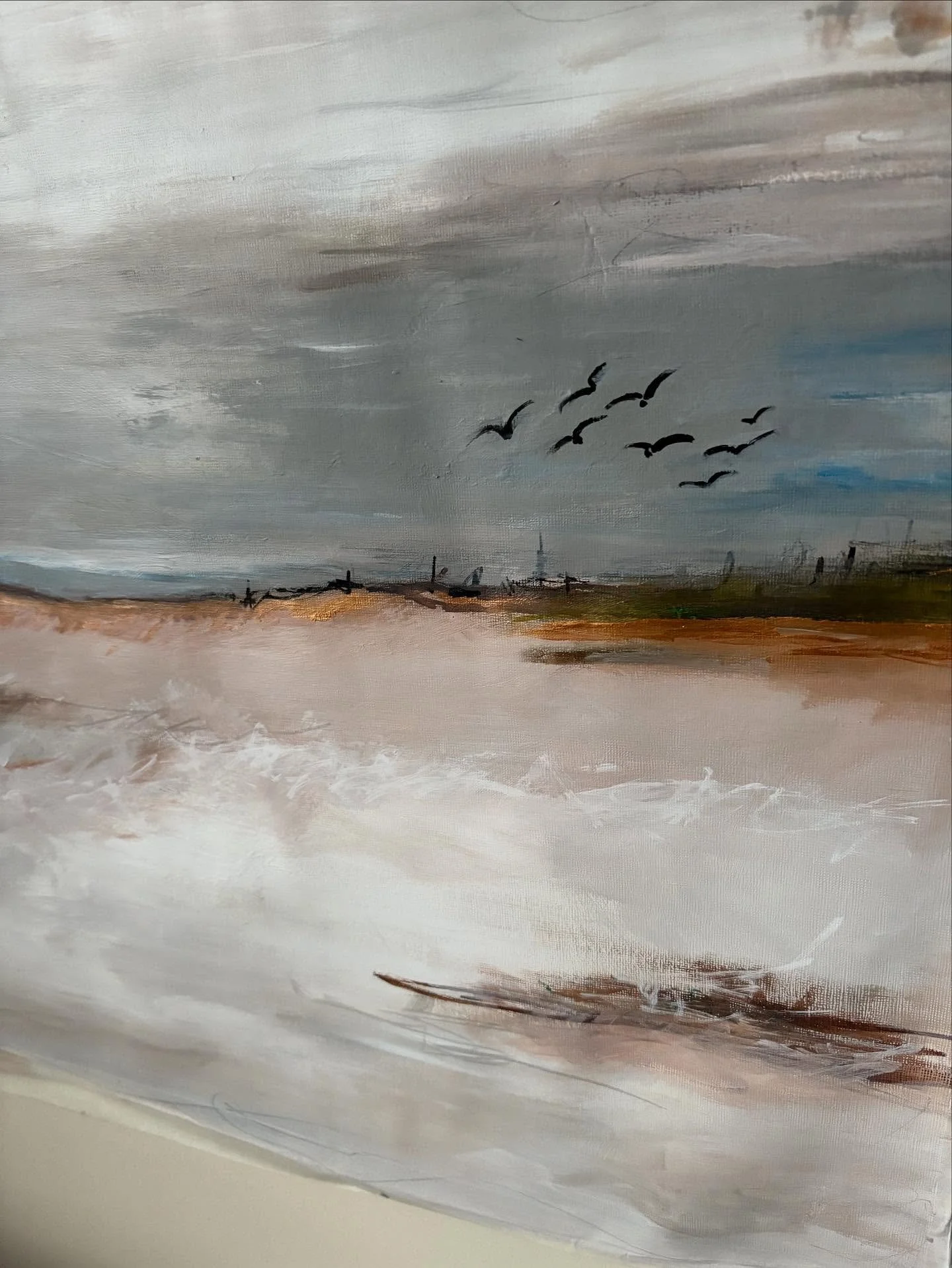 Acrylic abstract landscape on paper. Halfway between vision and completion🧡🤍🩶💚the between moments that make a painting come alive. 
 link in my Bio

#WIP #StudioVibes #AbstractLandscape #wintertime #staywarm #loveabstractart #galleriedart #d&eacu